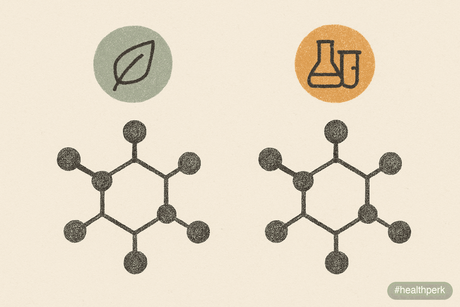Illustration of two molecular diagrams side by side — one labeled "plant-extracted" and one labeled "lab-synthesized" — showing identical chemical structures, illustrating natural supplements vs synth