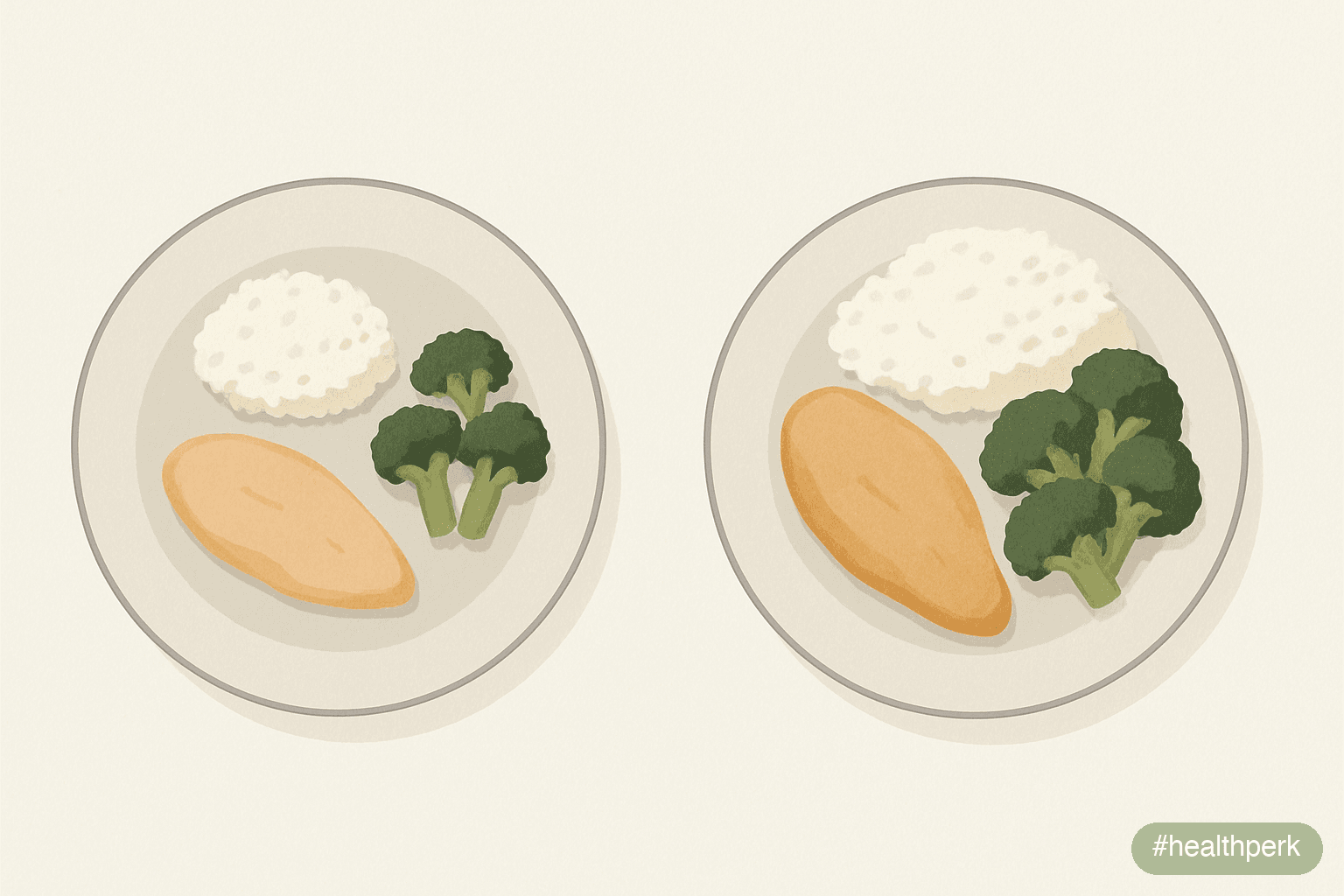 Illustration of two plates side by side — one showing weighed grams of food with precise labels, the other showing the same foods estimated by eye with larger portions — captioned to show why am I not