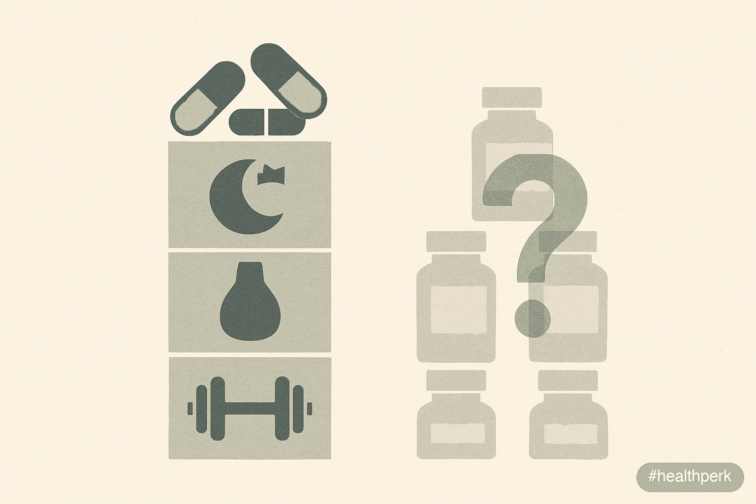 Illustration of two side-by-side stacks — left "what works": resistance training, 7-9 h sleep, body fat reduction toward healthy range, alcohol moderation, correction of vitamin D and zinc deficiencie