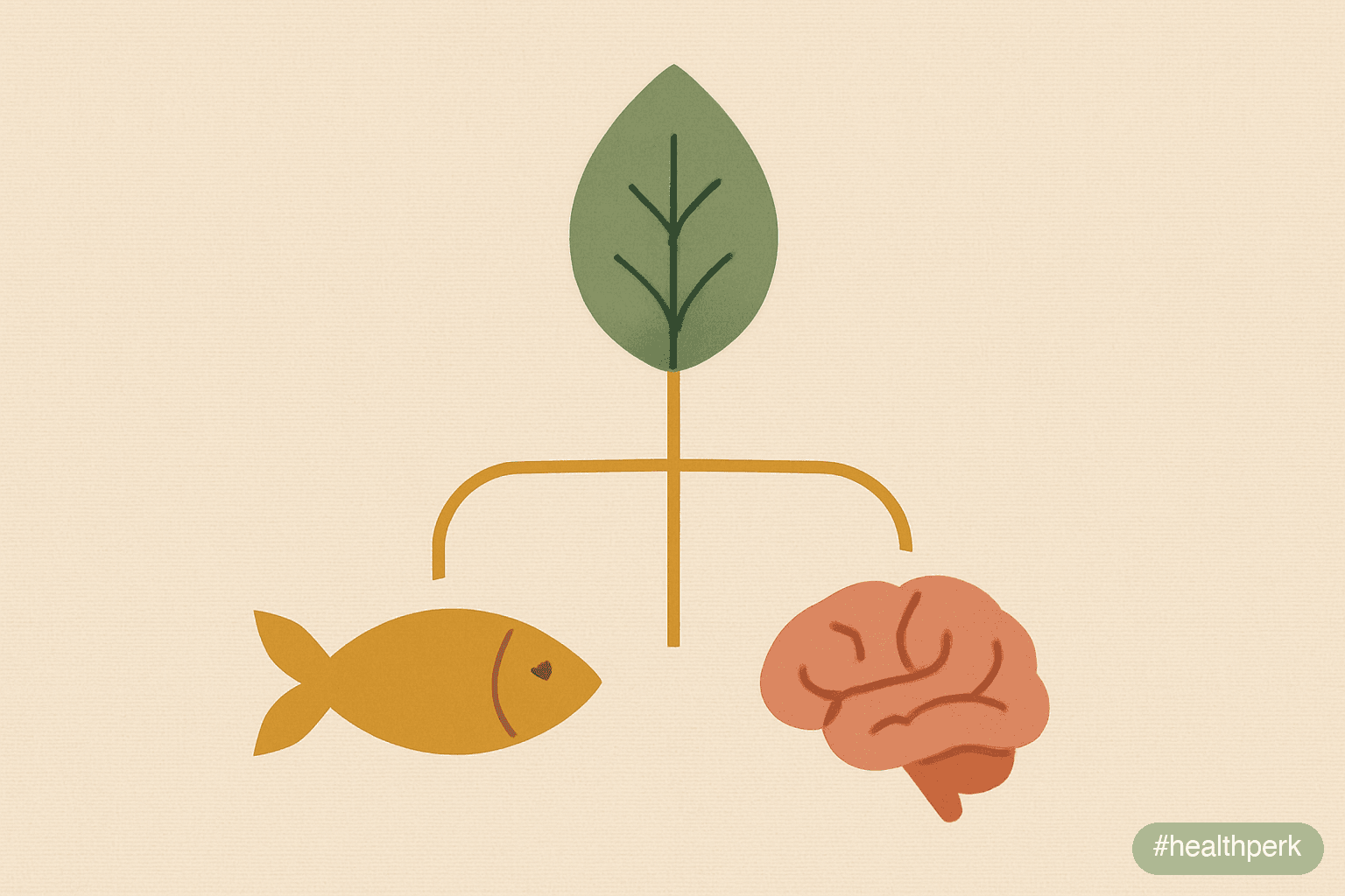 Illustration showing the omega-3 family — ALA from flax and walnut on one side, EPA and DHA from fatty fish and algal oil on the other — with an arrow labeled "<5–10% conversion in adults" running fro