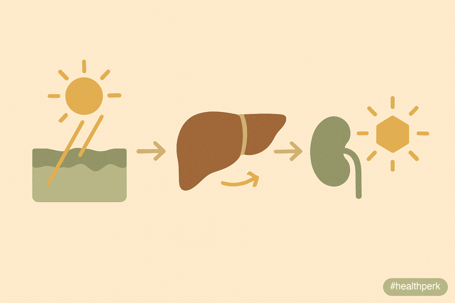 Illustration showing the vitamin D pathway from skin (7-dehydrocholesterol converted by UVB to cholecalciferol) through the liver (25-hydroxylation to calcidiol) and the kidney (1-alpha hydroxylation