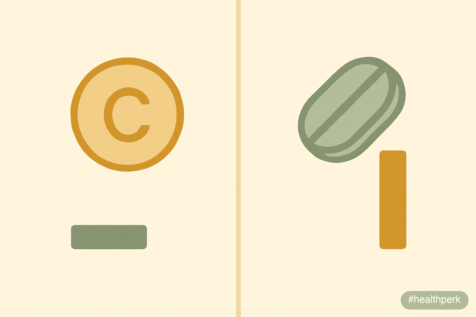 Side-by-side illustration showing a vitamin C tablet labeled "duration: -8%" and a zinc lozenge labeled "duration: -33% if within 24h" — illustrating vitamin c vs zinc immunity differences in trial ou