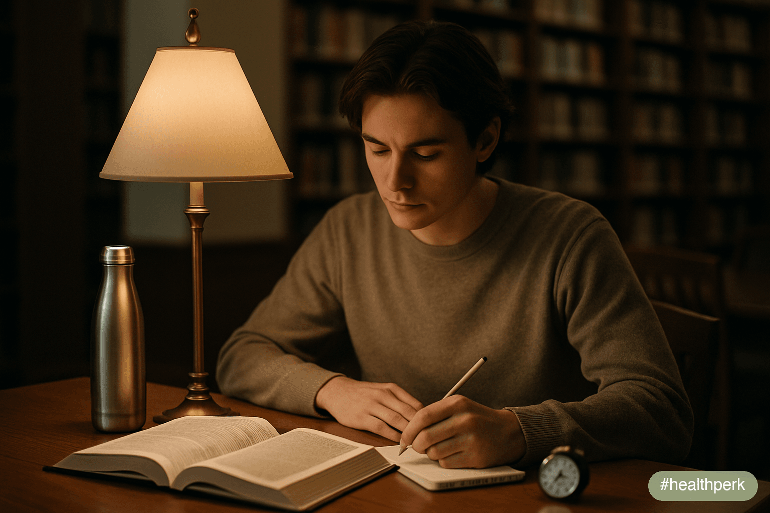 Photo of a student at a quiet library desk with a single textbook open, paper notes, water bottle, and a timer, phone not visible — illustrating how to improve concentration while studying through env