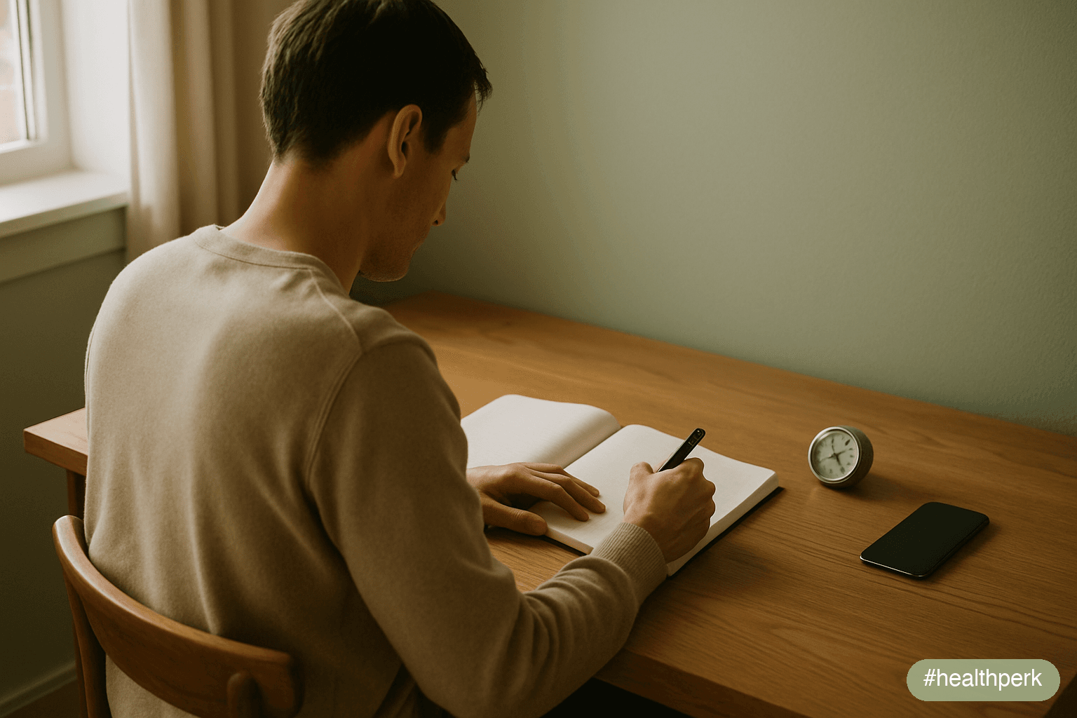 Photo of an adult at a tidy desk with a paper notebook and timer, phone face-down at the edge of the frame, daylight from a side window, illustrating how to increase concentration fast through environ