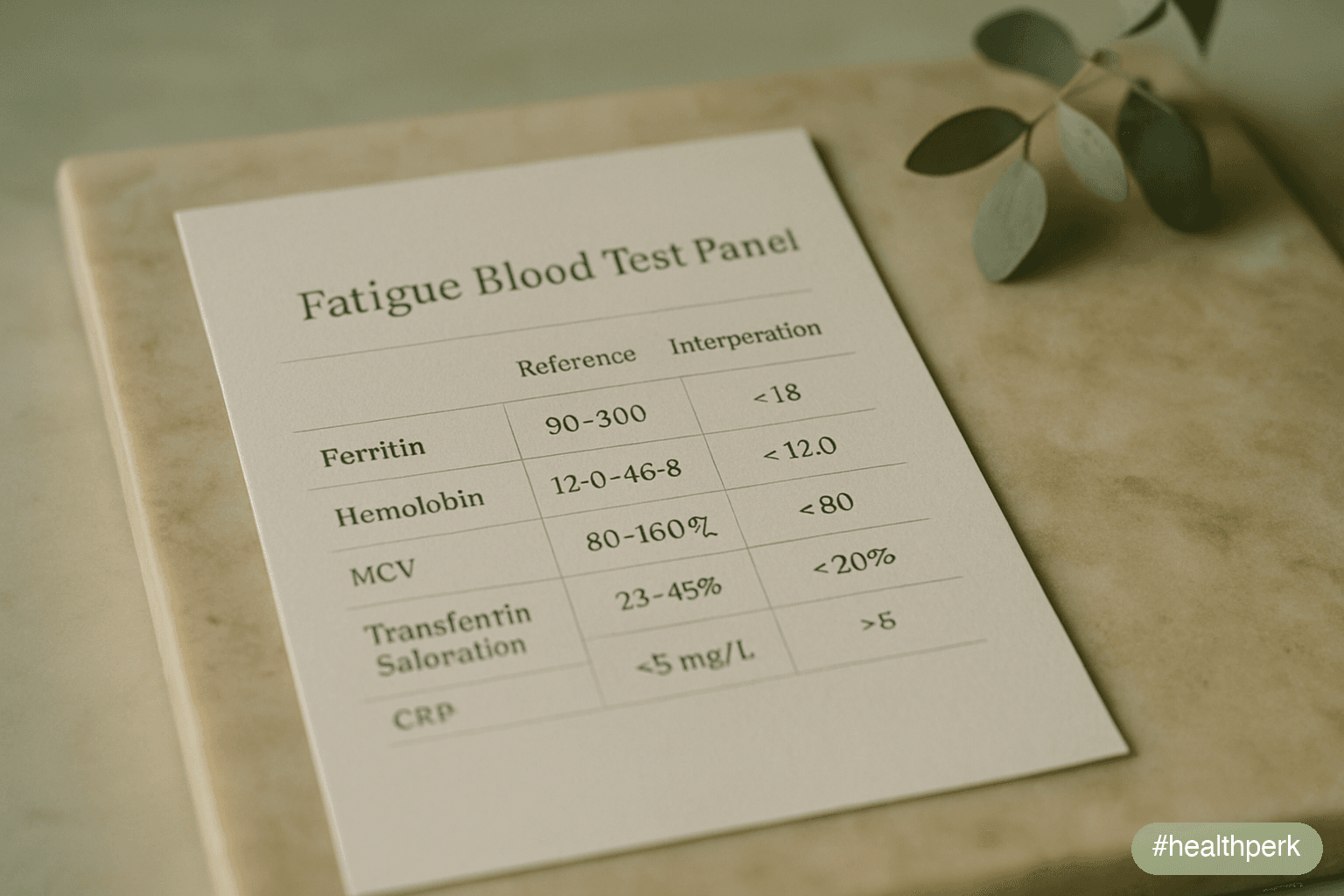 Schematic of a fatigue blood-test panel highlighting ferritin, hemoglobin, MCV, transferrin saturation, and CRP, with reference ranges and 2026 interpretation thresholds — illustrating how iron deficiency fatigue symptoms are confirmed in the lab.