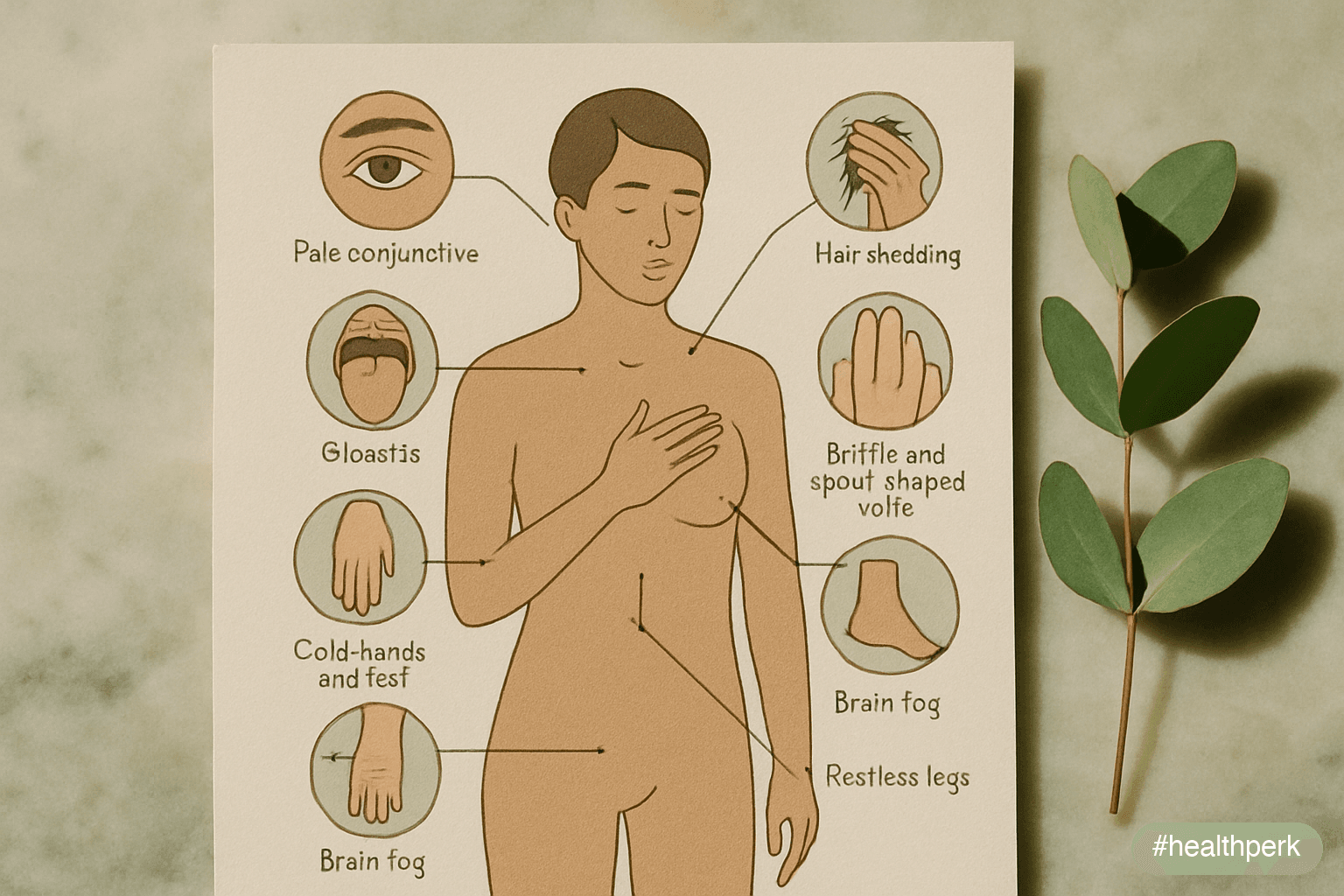 Annotated body diagram showing common iron deficiency presentations: pale conjunctiva and palms, hair shedding, brittle/spoon-shaped nails, glossitis, breathlessness, palpitations, cold hands and feet, restless legs, and brain fog — illustrating iron deficiency fatigue symptoms presentation.