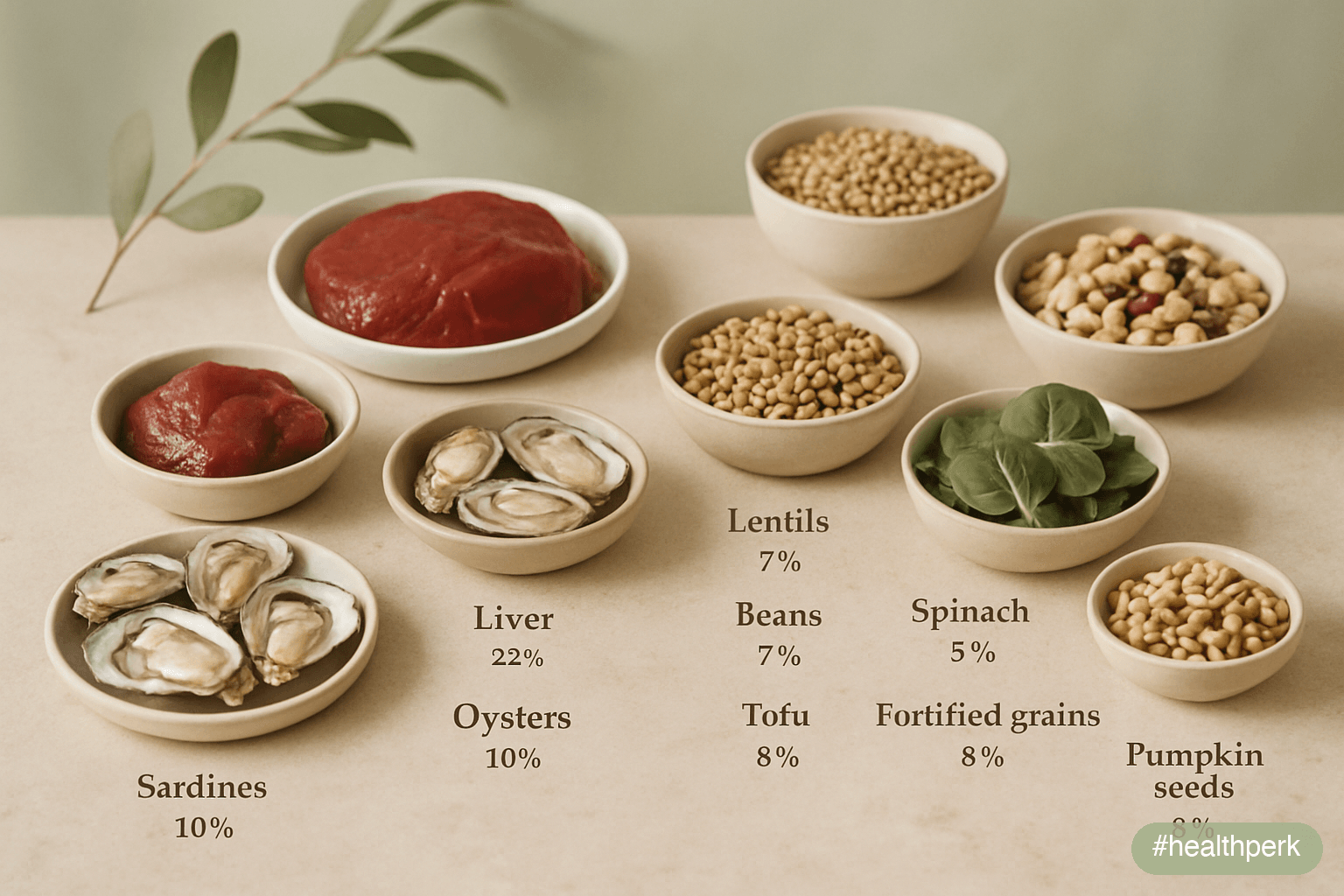 Two-column matrix of heme iron sources (red meat, liver, oysters, sardines) and non-heme iron sources (lentils, beans, tofu, spinach, fortified grains, pumpkin seeds) with absorption percentages — illustrating dietary iron strategies.