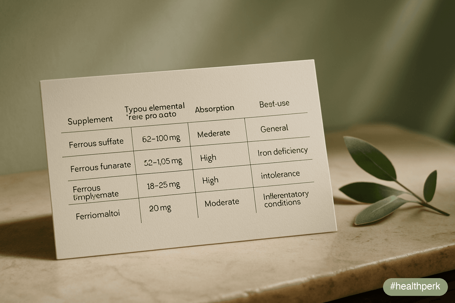 Comparison table showing ferrous sulfate, ferrous fumarate, ferrous bisglycinate, and ferric maltol with typical elemental iron content per dose, absorption, tolerability, and best-use cases — illustrating iron supplements for fatigue women.