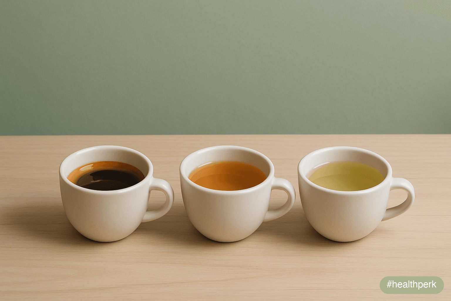 Photo of two side-by-side glass beakers, one labeled caffeine and one labeled L-theanine, with a third beaker between them labeled combination, illustrating l-theanine vs caffeine focus as a question