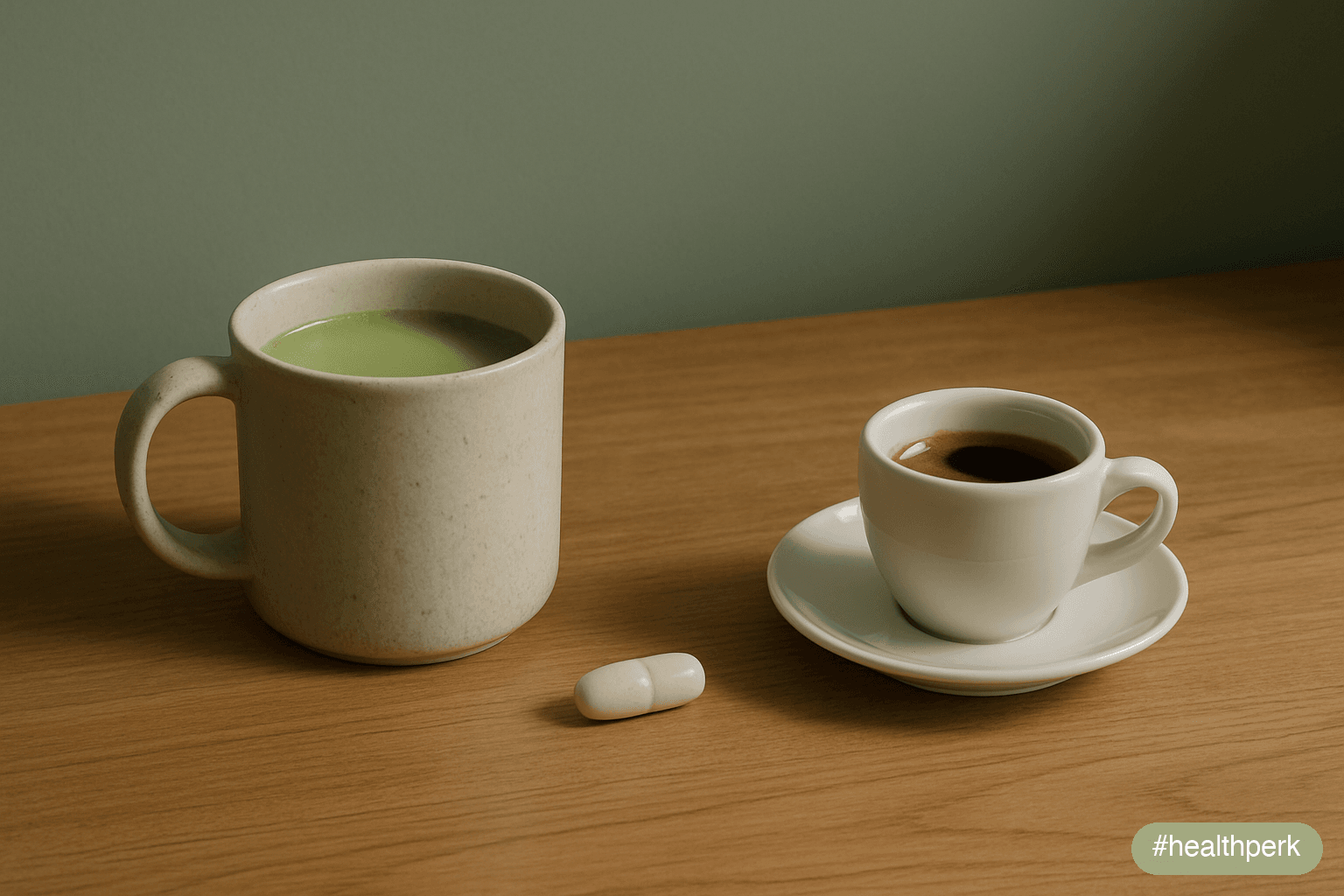 Photo of a desk with a single mug of green tea beside a white capsule of L-theanine and a small espresso cup, arranged side by side, illustrating l-theanine vs caffeine focus as a comparison of two co