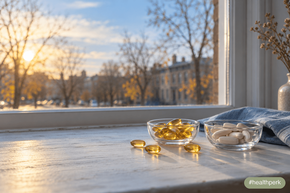 Vitamin D softgels and tablets in glass bowls on a sunny windowsill, with low autumn sun over bare trees