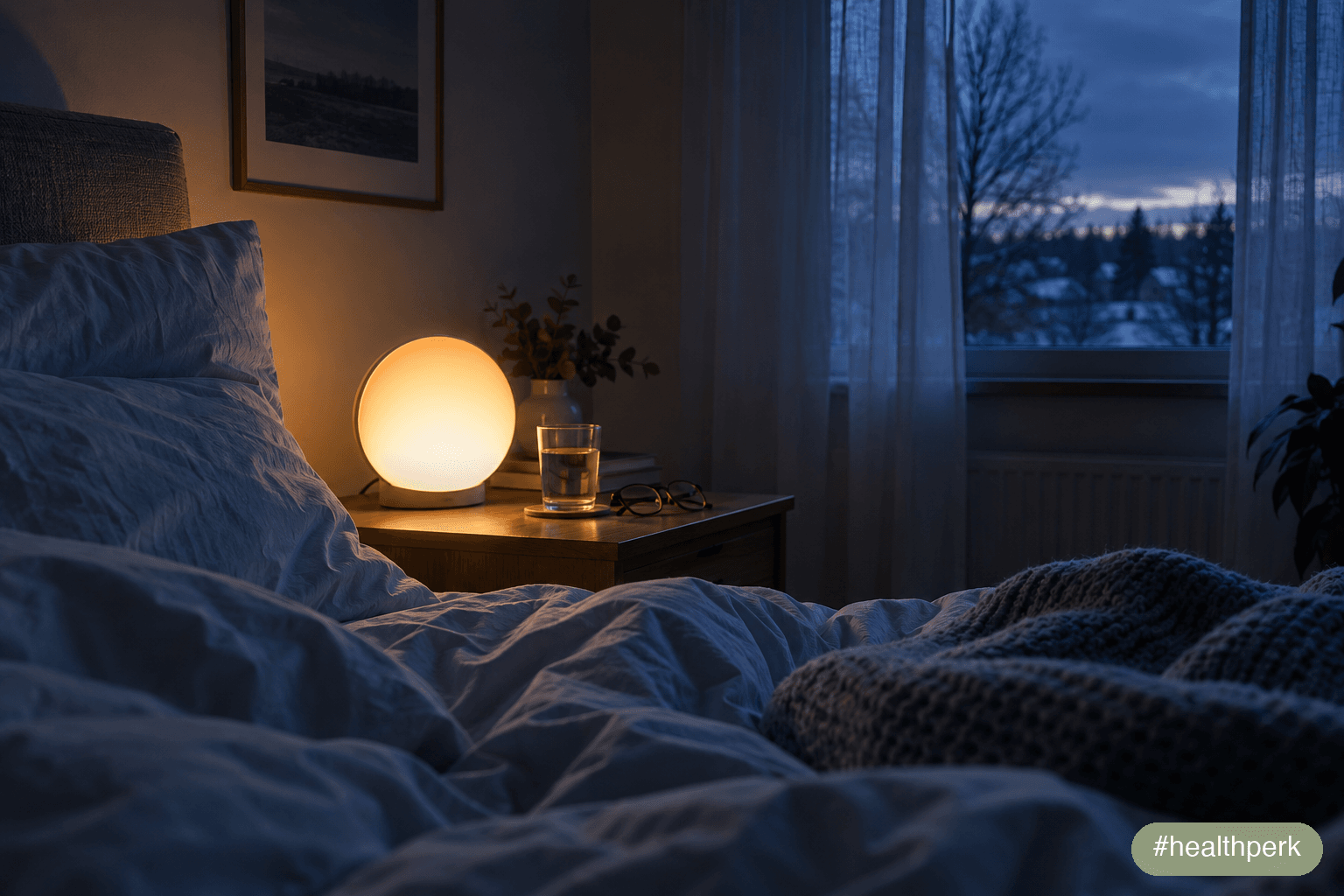 Dawn simulator sunrise alarm glowing softly on a bedside table in a dark winter bedroom
