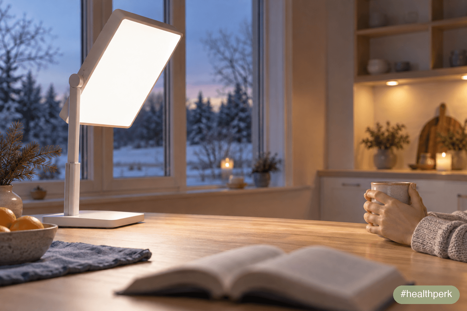 Light therapy lamp on a kitchen table glowing beside a coffee mug on a dark winter morning