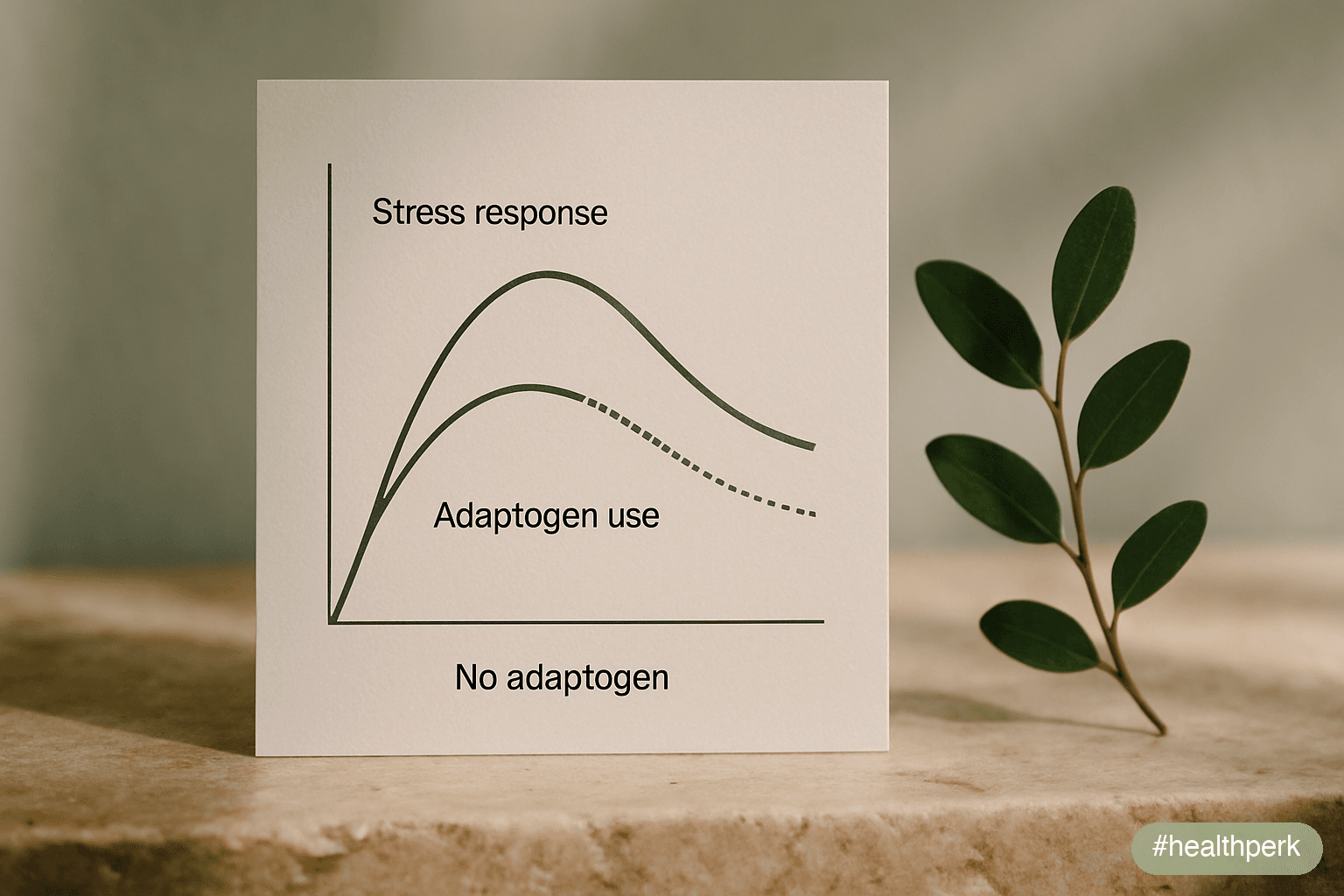 Line graph showing stress response curve flattened by adaptogen use compared to no adaptogen — illustrating adaptogens for energy and stress.