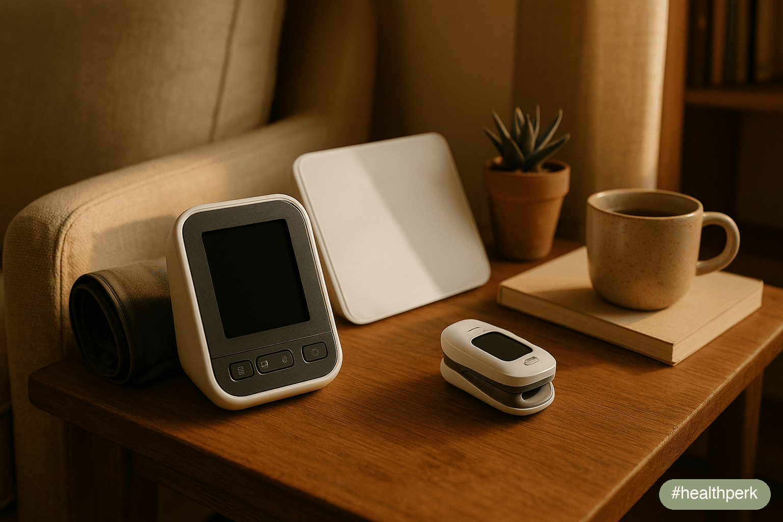 Living room setting with a smart scale, blood pressure monitor, and pulse oximeter arranged on a side table next to a comfortable chair — home health monitoring devices in a real-world environment