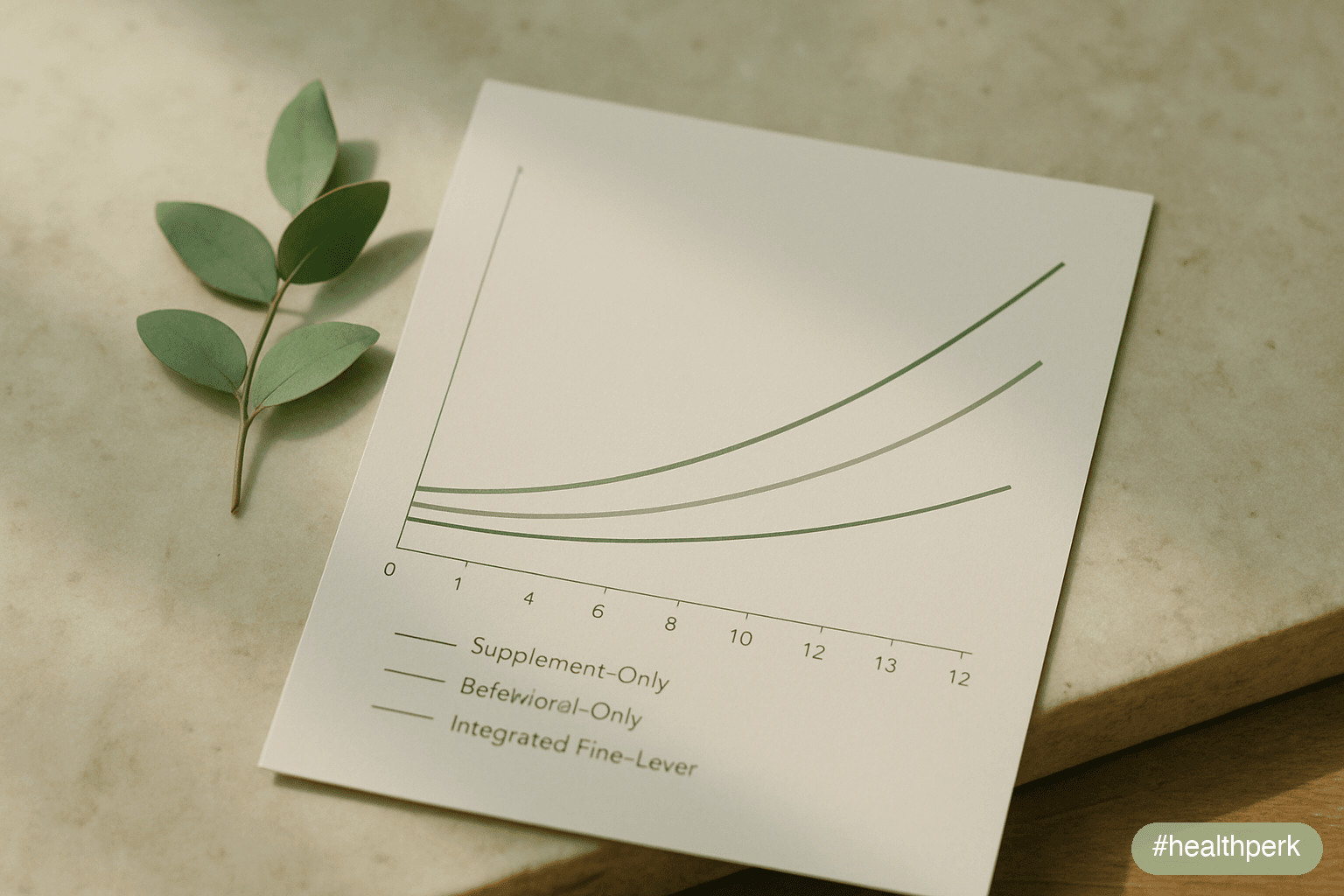 Line graph comparing trajectories over 12 months for "supplement-only," "behavioral-only," and "integrated five-lever" approaches, with the integrated curve compounding upward — illustrating how to improve energy levels long term.