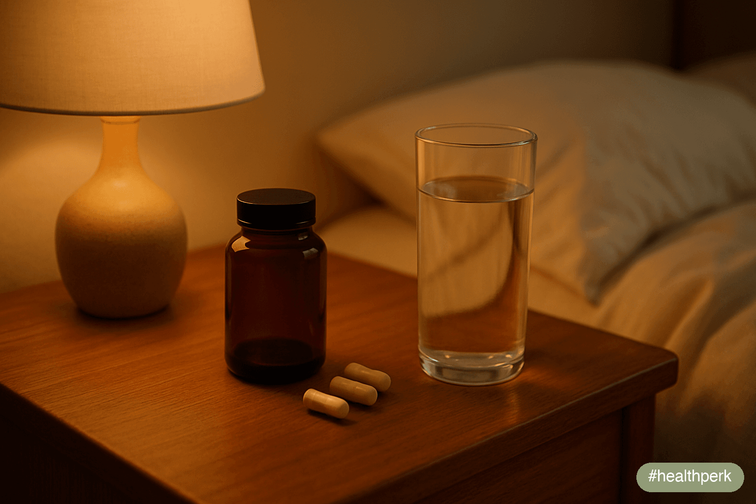 hero — magnesium glycinate capsules and a glass of water on a nightstand at dusk
