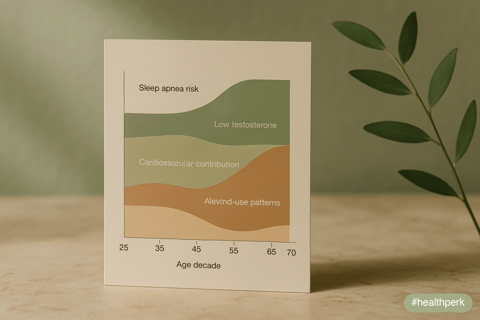 Layered infographic with sleep apnea risk, low testosterone, cardiovascular contributors, and alcohol-use patterns mapped across age 25–70 — illustrating low energy men causes by age decade.