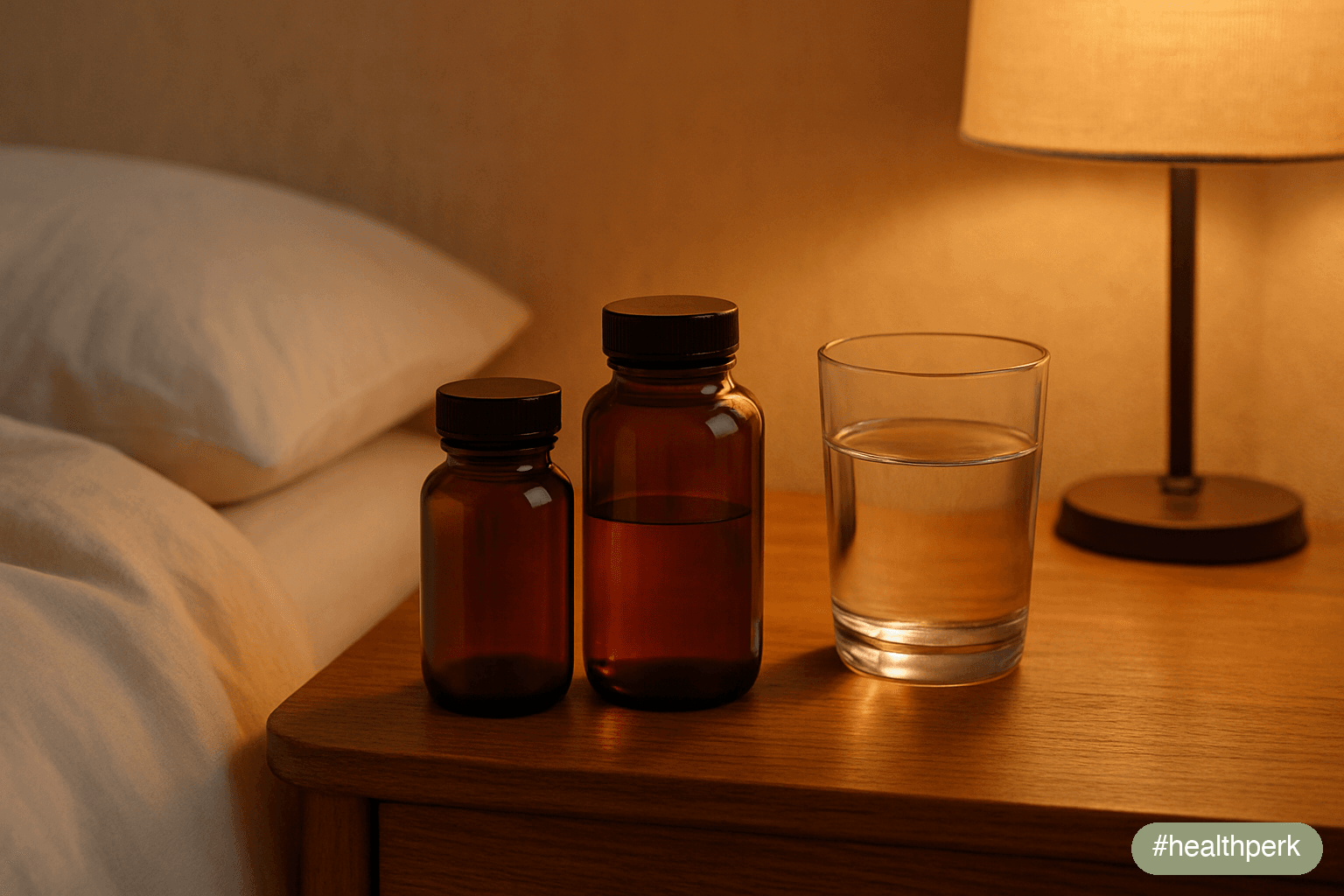 hero — comparison of melatonin and magnesium supplement bottles on a nightstand