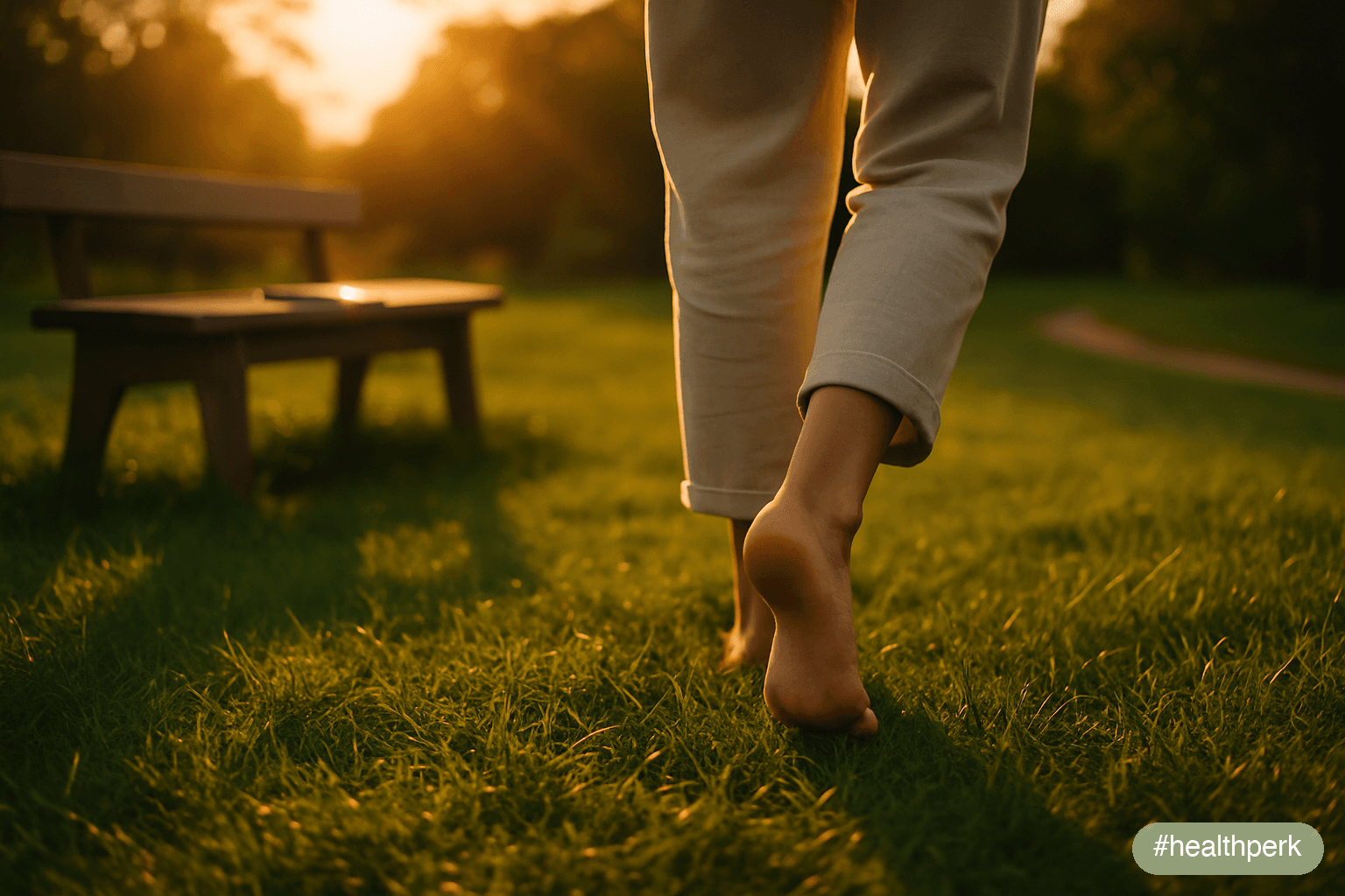 Photo of a person walking barefoot on grass at sunset, phone left on a bench, soft light — illustrating how to improve mental clarity through nervous-system recovery rather than additional stimulation