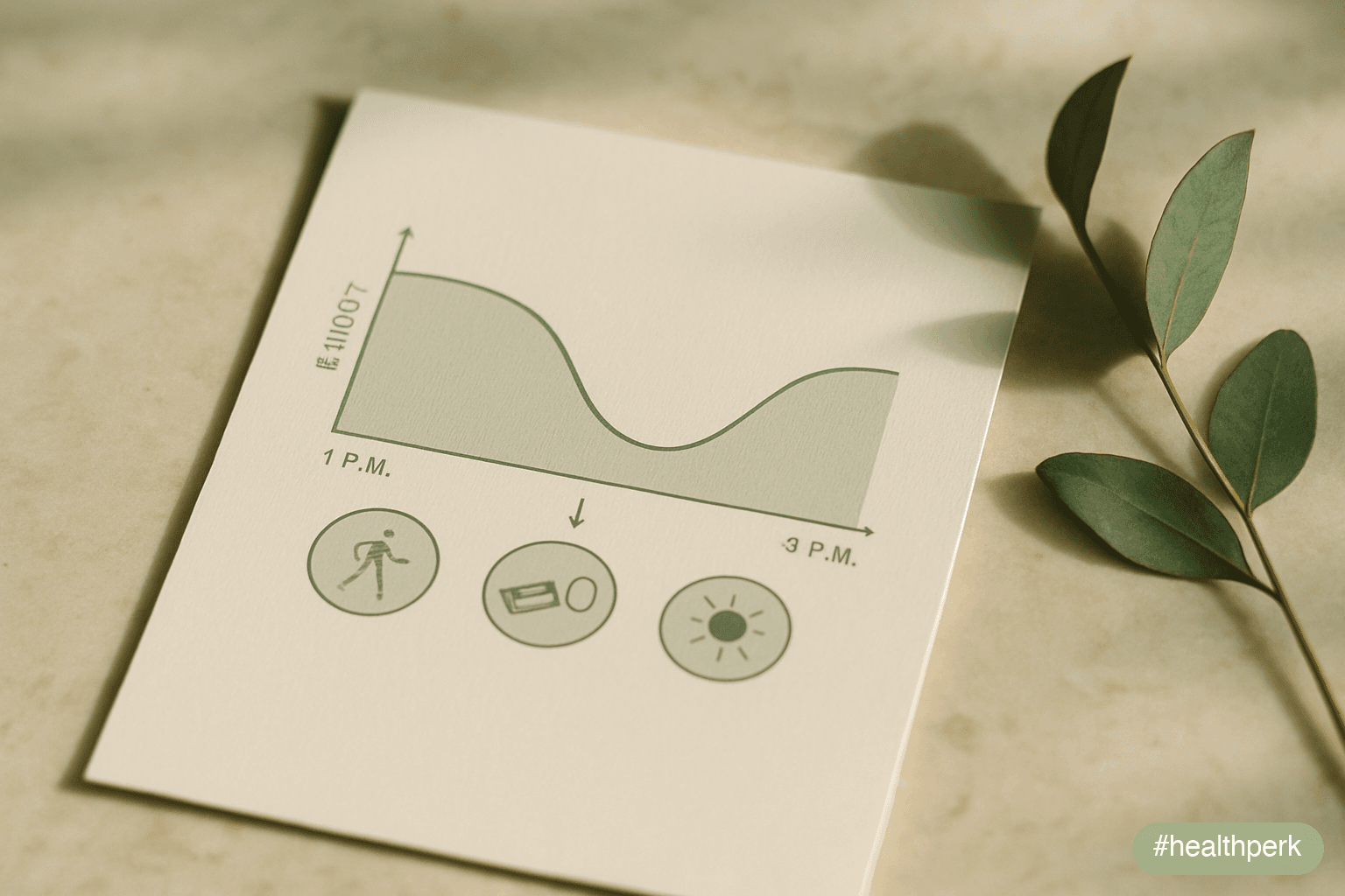 Schematic showing common 1–4 p.m. energy crash and three interventions: 10-minute outdoor walk, protein snack, brief light exposure — illustrating how to stay energized throughout the day.