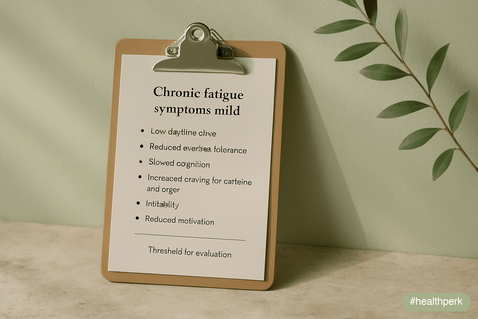 Clipboard-style infographic listing low daytime drive, reduced exercise tolerance, slowed cognition, increased craving for caffeine and sugar, irritability, and reduced motivation — illustrating chronic fatigue symptoms mild and the threshold for evaluation.