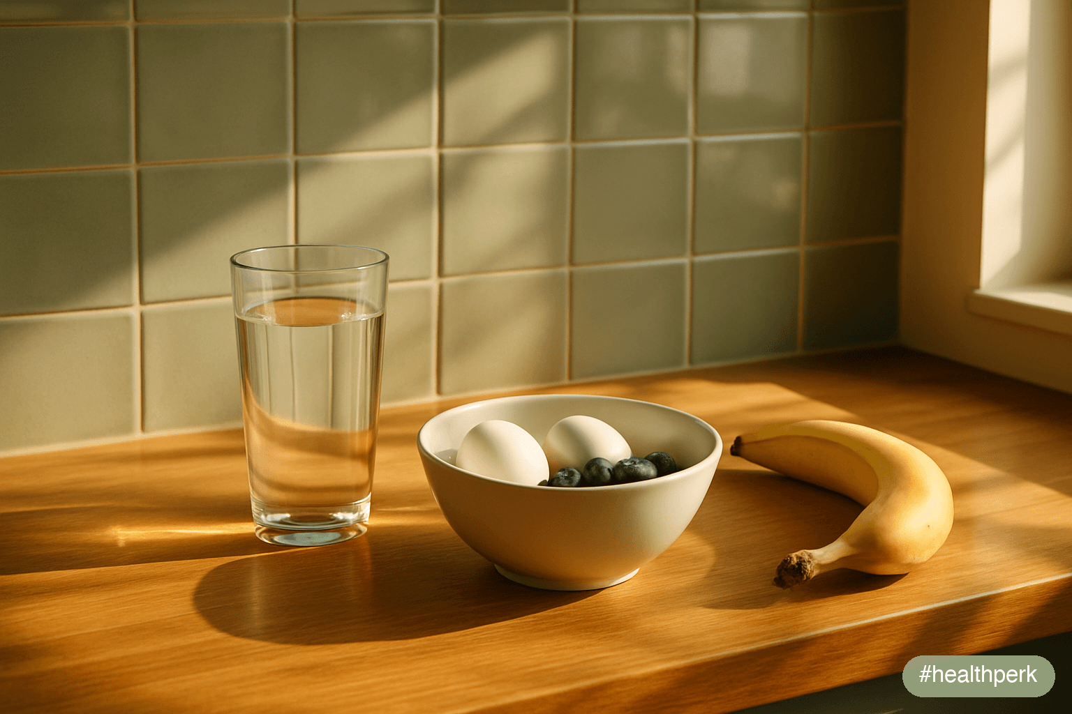 Photo of a kitchen counter with a glass of water, a small bowl of eggs and berries, daylight through a window, no phone visible — illustrating a morning routine for focus that protects attention befor