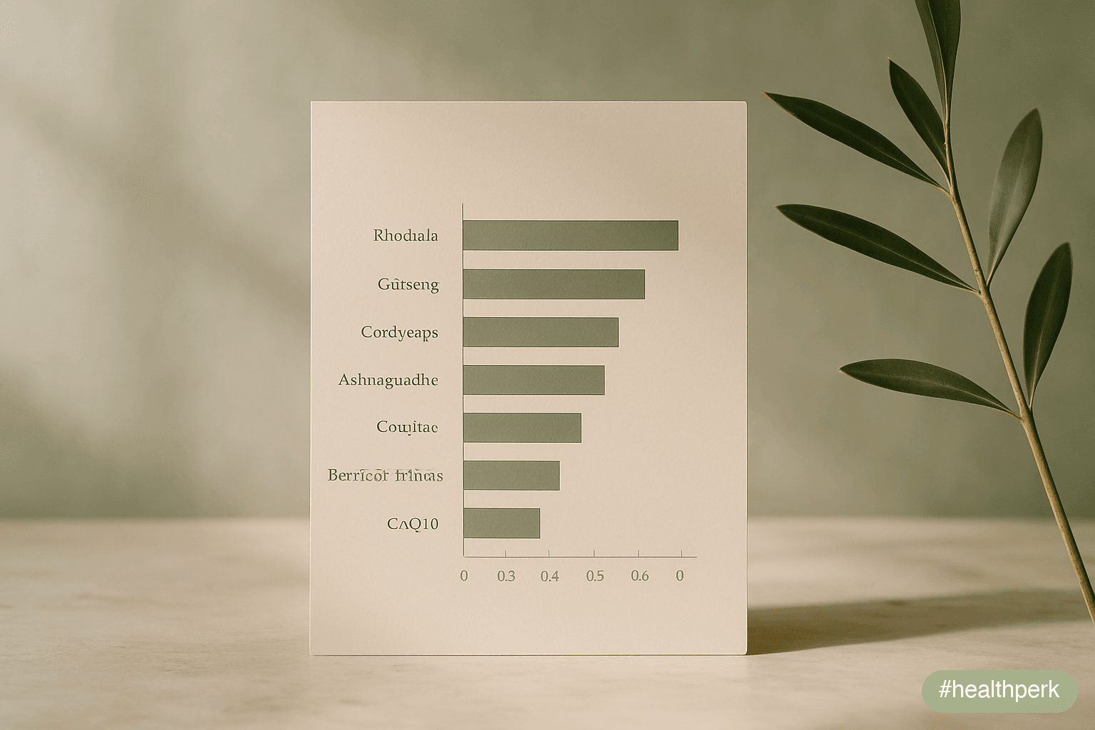 Bar chart of effect sizes from systematic reviews for rhodiola, ginseng (Panax & American), cordyceps, ashwagandha, creatine, beetroot/nitrates, and CoQ10 on subjective energy or stamina — illustrating natural energy boosters without caffeine.