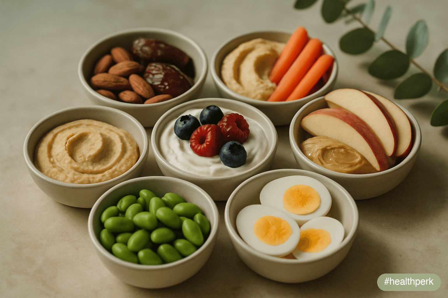 Photo of six small bowls containing almonds and dates, hummus and carrots, Greek yogurt and berries, apple slices and peanut butter, edamame, hard-boiled eggs — illustrating snacks that boost energy naturally.