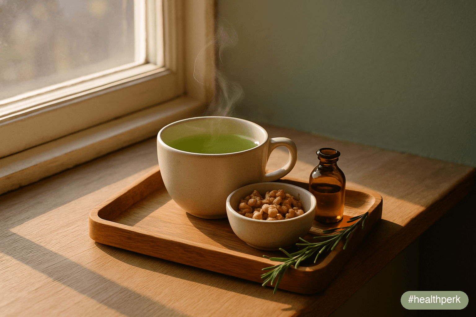 Photo of a wooden tray with a green tea cup, a small bowl of walnuts, a vial of fish oil, and a sprig of rosemary on a sunlit windowsill, illustrating natural focus boosters no caffeine as everyday co