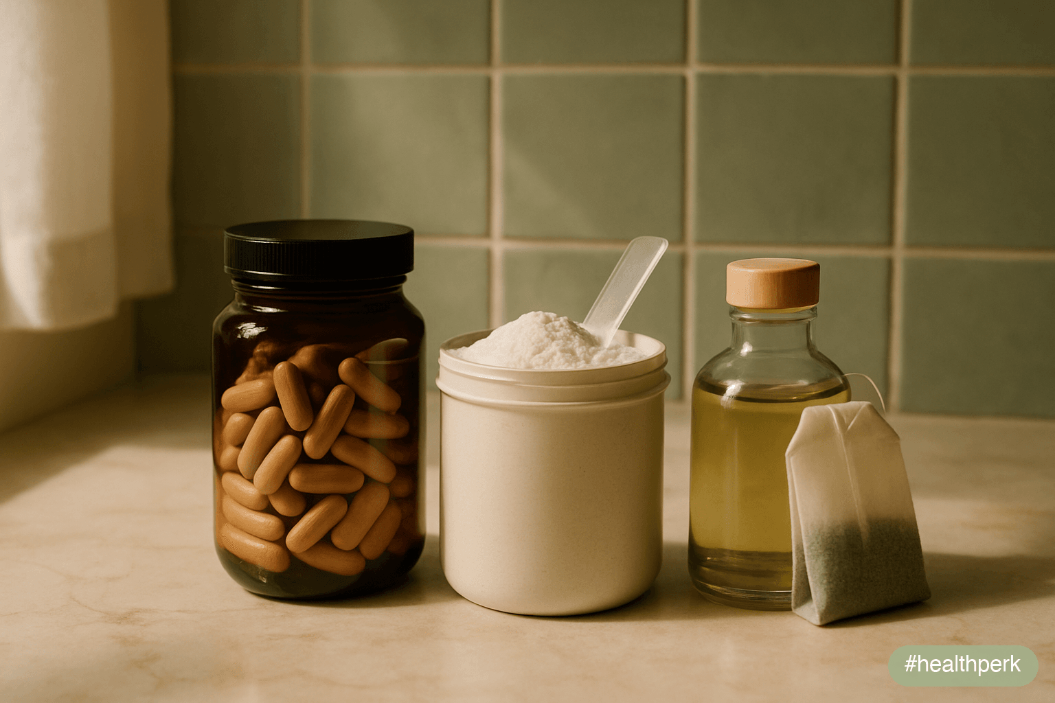 Photo of three labeled jars on a kitchen counter - fish oil capsules, creatine powder, and a green tea bag with L-theanine - illustrating nootropics that actually work as a short list of well-evidence
