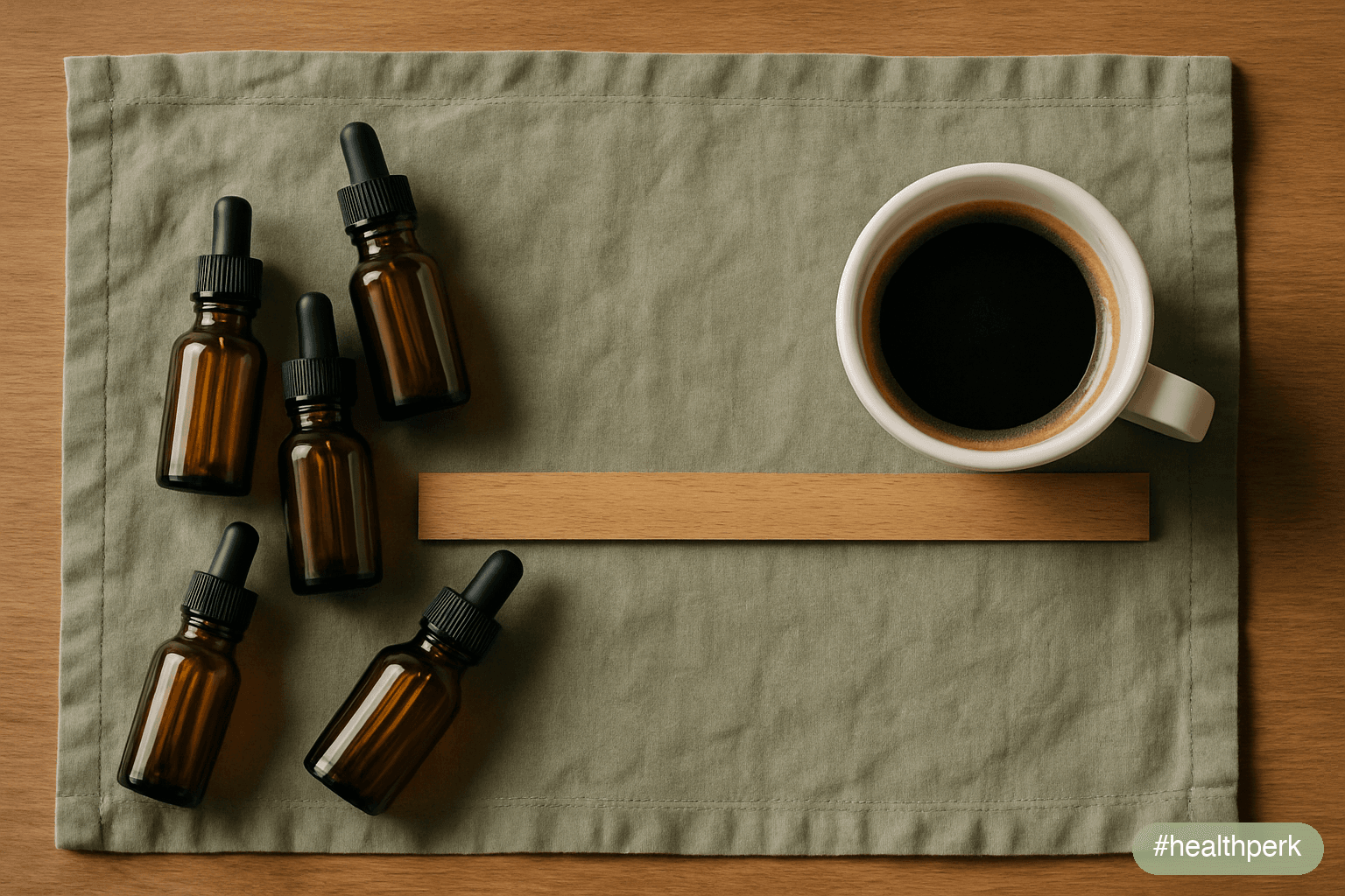 Illustration of a small lineup of labeled bottles - caffeine, L-theanine, omega-3, creatine, citicoline - on one side and a coffee cup on the other, with a balance scale between them, illustrating noo