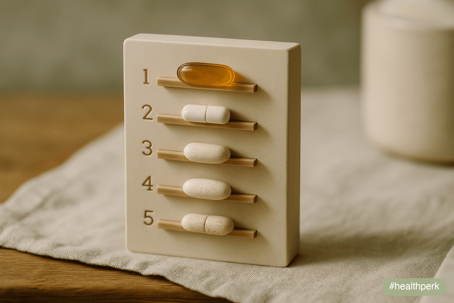 Numbered ladder graphic with rungs: 1 ferritin, 2 B12, 3 vitamin D, 4 magnesium, 5 B-complex if intake is poor — illustrating a practical hierarchy of vitamins for low energy in adults.