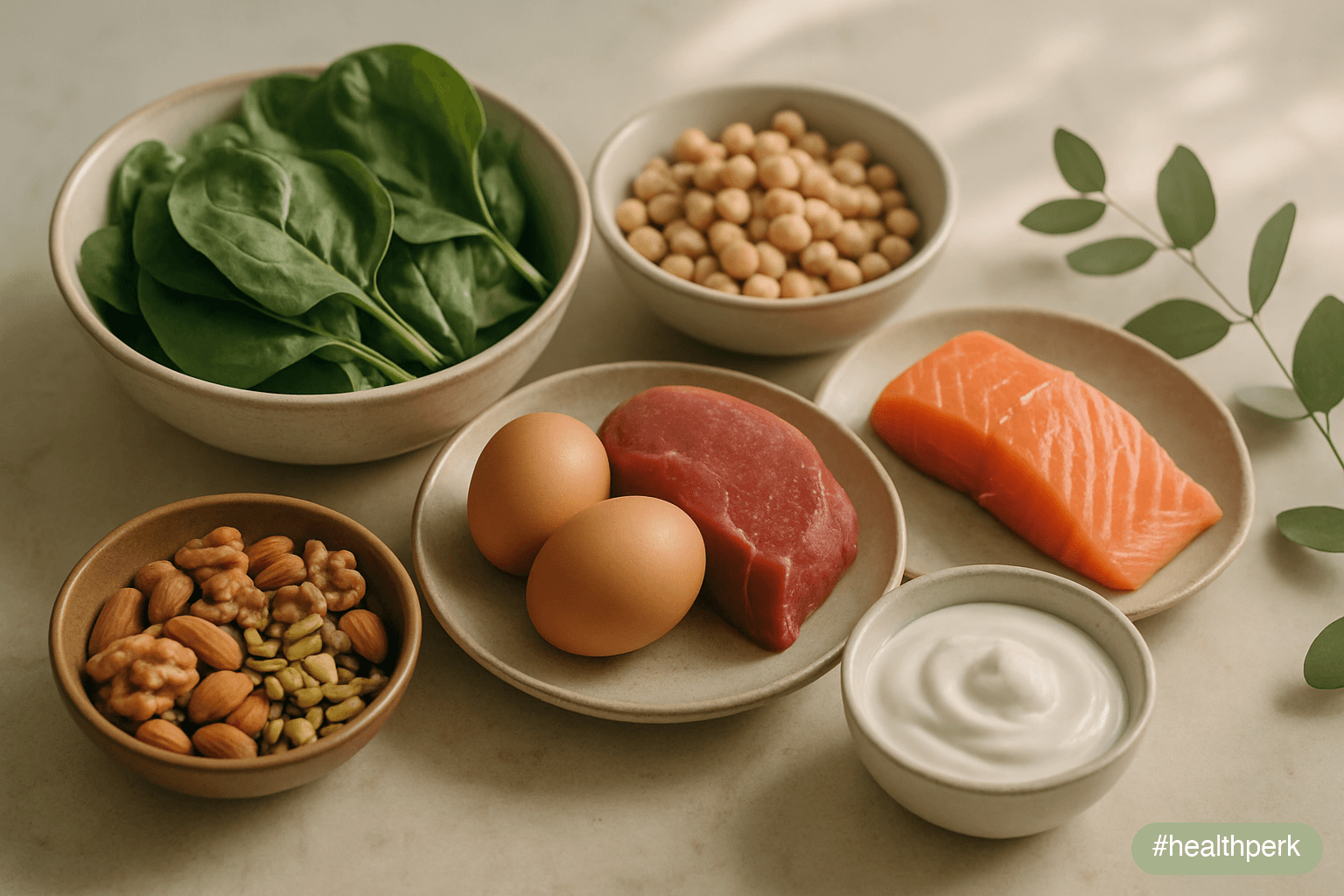 Photo grouping showing categories: leafy greens, legumes, eggs and red meat, fatty fish, nuts and seeds, fermented foods — illustrating foods that reduce fatigue by closing common nutrient gaps.