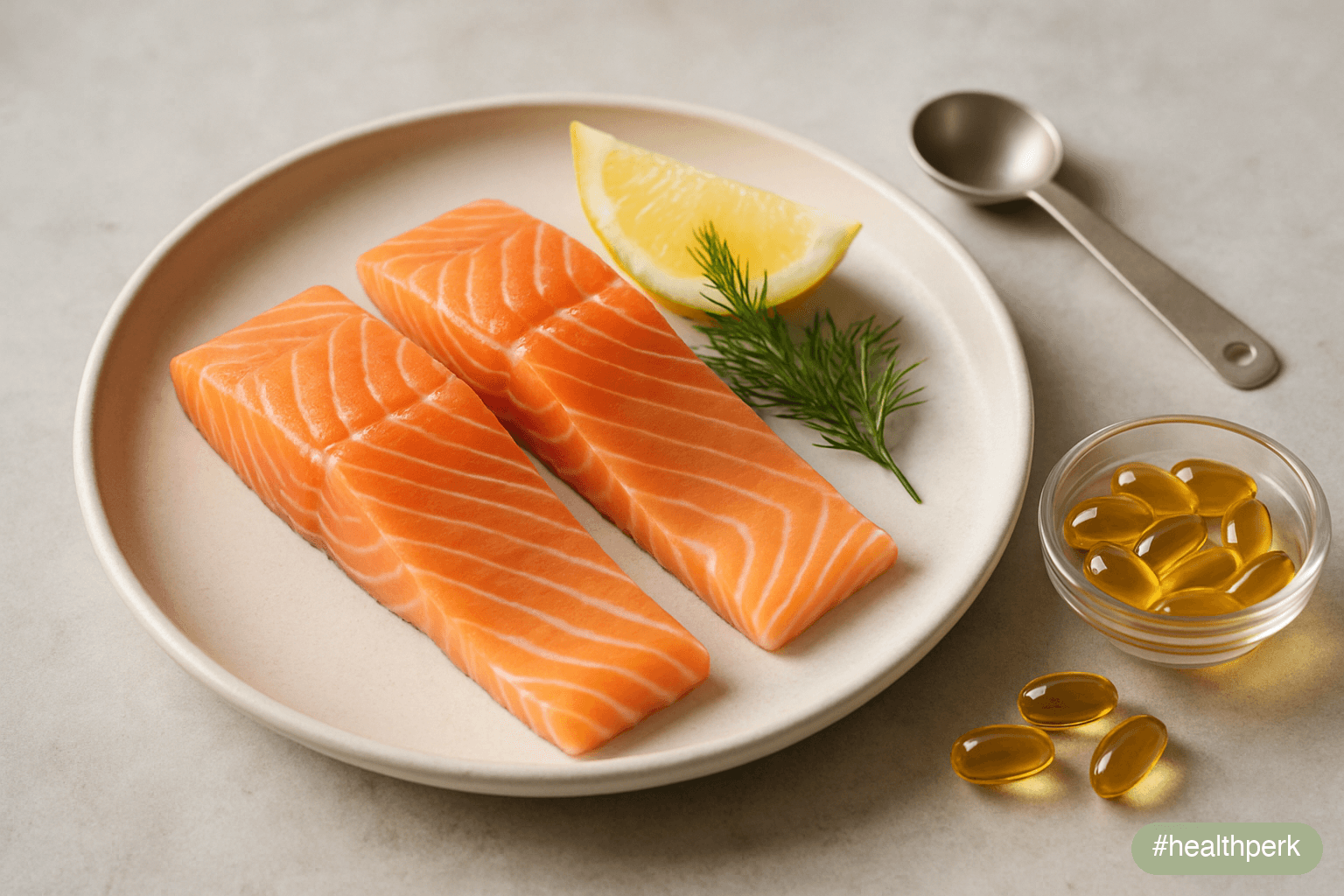 Illustration of two salmon fillets and a small dish of fish oil capsules with a measuring spoon, alongside a chart showing recommended EPA and DHA intake from food versus supplements, illustrating ome