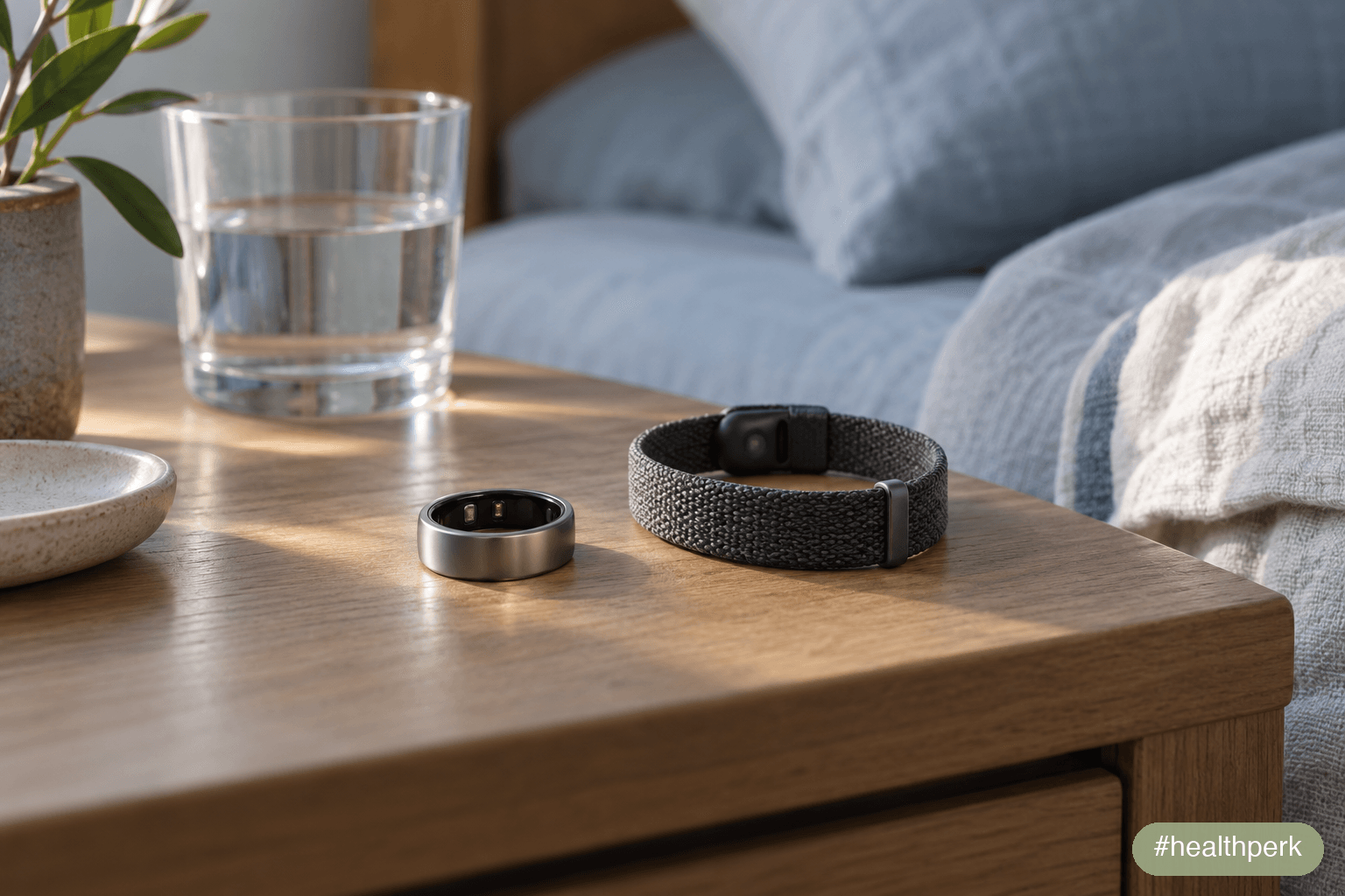 Oura vs Whoop: a smart ring and a screenless fitness band side by side on a bedside table in morning light