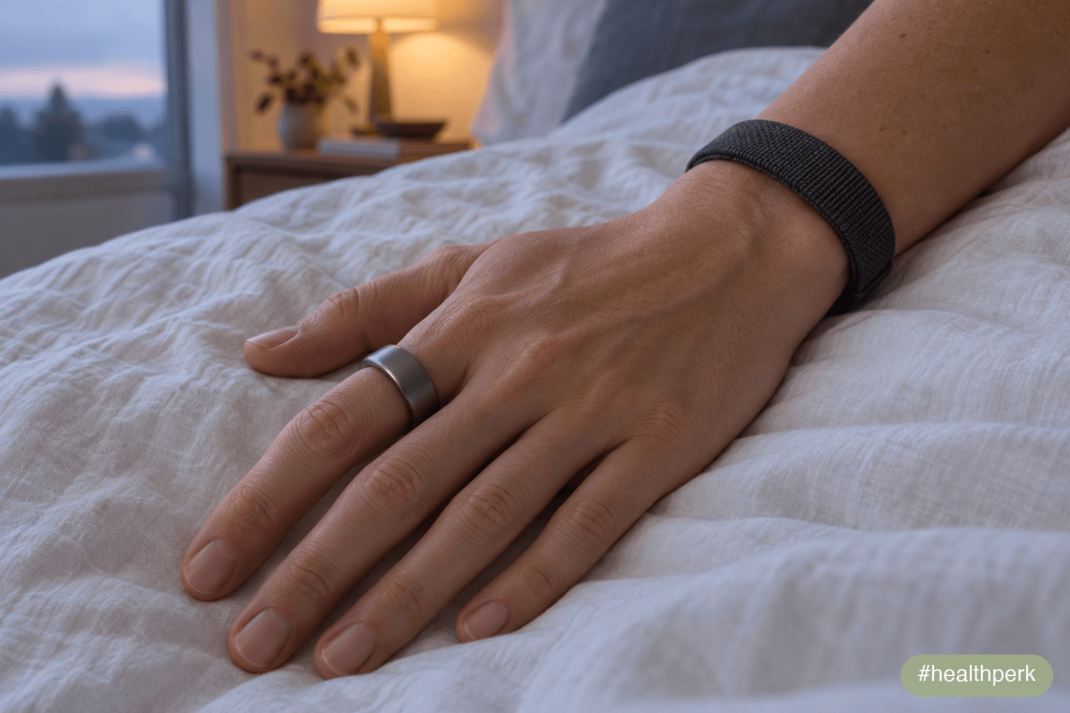 Oura ring vs Whoop band worn during sleep, shown on a resting hand and wrist on white bedding