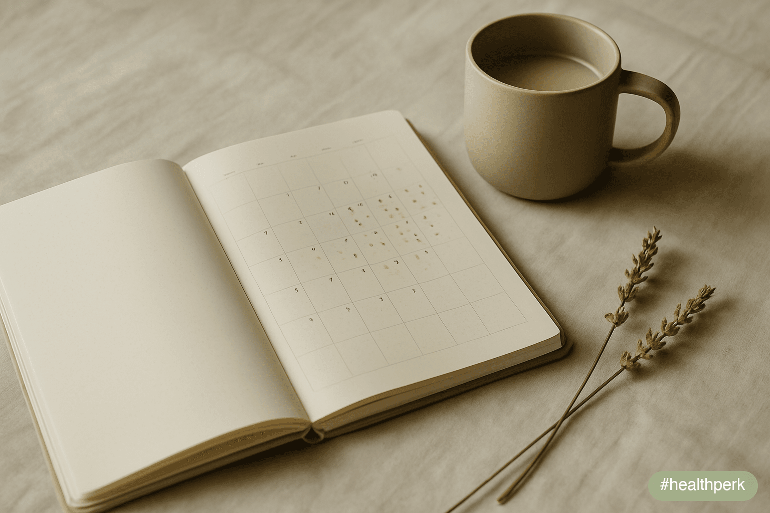 Overhead flat-lay of an open journal spanning a full page of small dot entries arranged across a grid — a month's worth of quiet daily marks, no legible text — beside a matte ceramic mug and a dried s