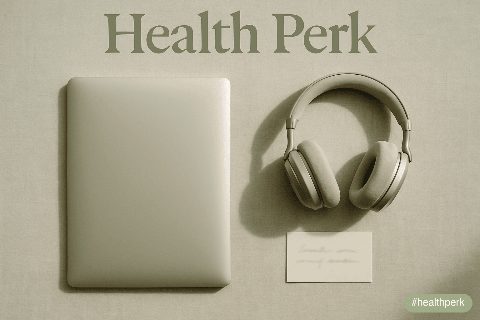 Overhead flat-lay of a clean desk surface — a closed laptop, no phone visible, a pair of over-ear headphones, and a small handwritten card with an illegible note — the arranged environment of someone