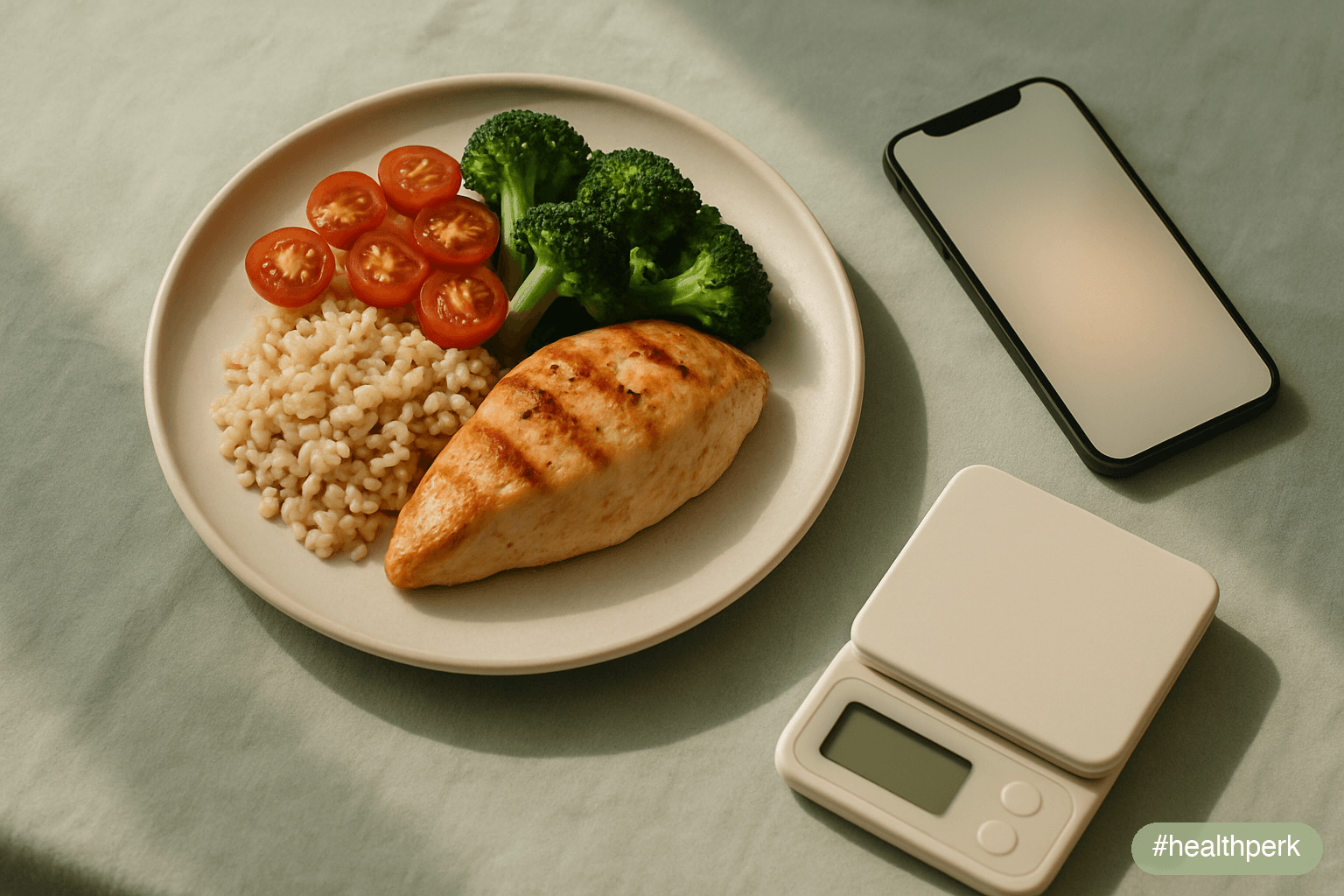 Overhead flat-lay of a meal plate — lean protein, colourful vegetables, a portion of complex carbs — beside a phone with a soft-glowing screen showing no readable UI, and a small kitchen scale nearby,