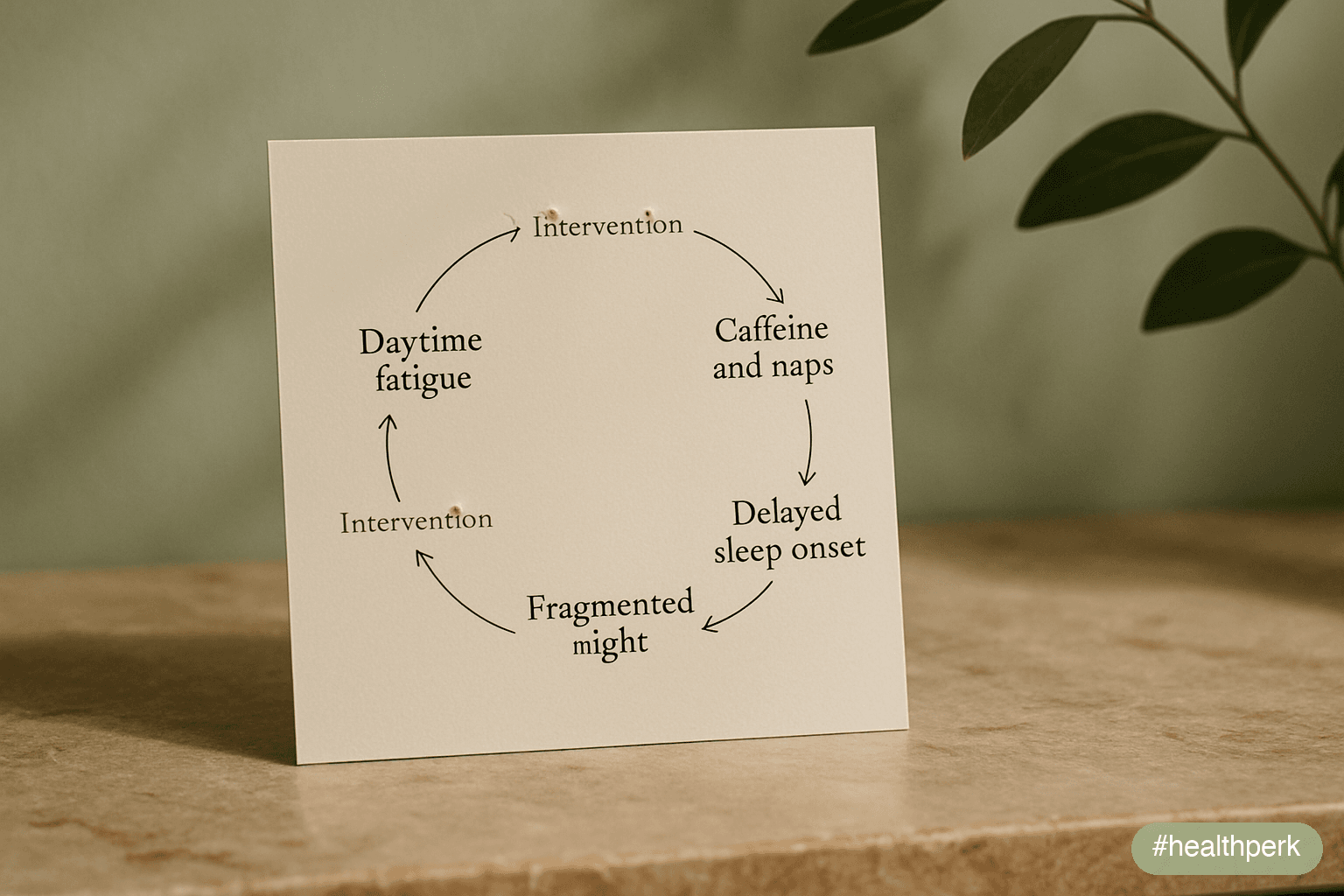 Cyclic diagram showing daytime fatigue → caffeine and naps → delayed sleep onset → fragmented night → daytime fatigue, with intervention points labeled — illustrating the tired-but-can't-sleep cycle.