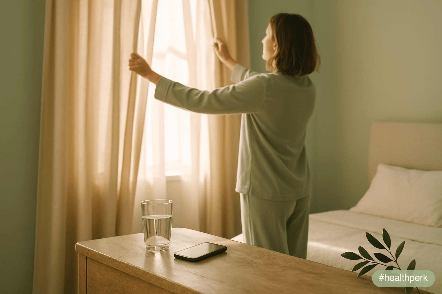 Wide horizontal photo of an adult in pajamas opening bedroom curtains to bright morning sunlight, with a full glass of water and an unread phone on the bedside table — illustrating the first five minutes of a morning routine for high energy.