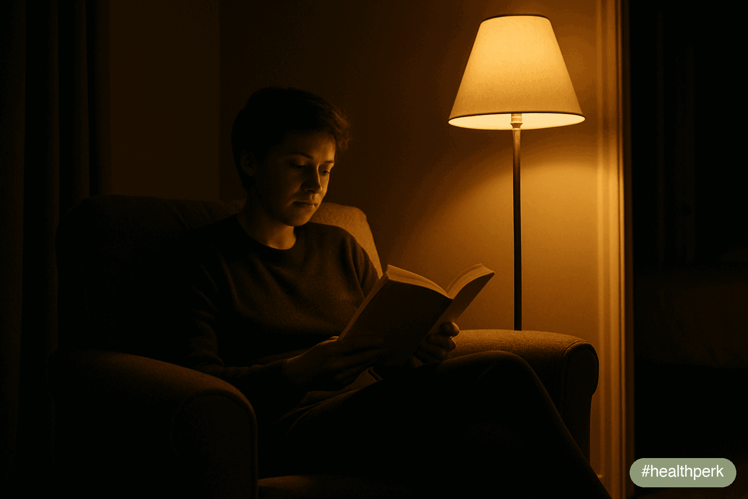 person reading in armchair at night