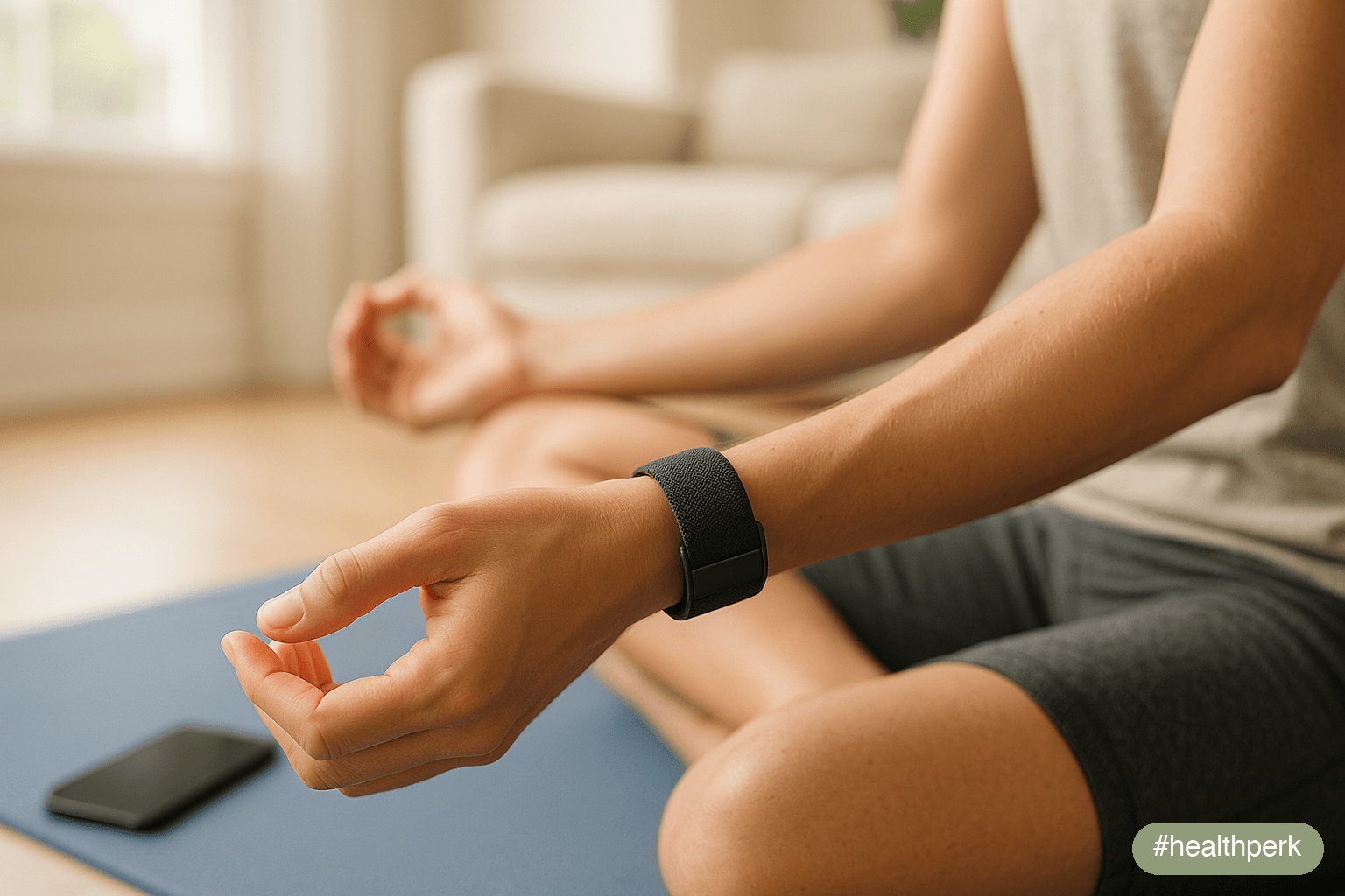 Person wearing a WHOOP strap on their wrist while stretching after a workout, with the WHOOP app visible on a phone screen showing a recovery score