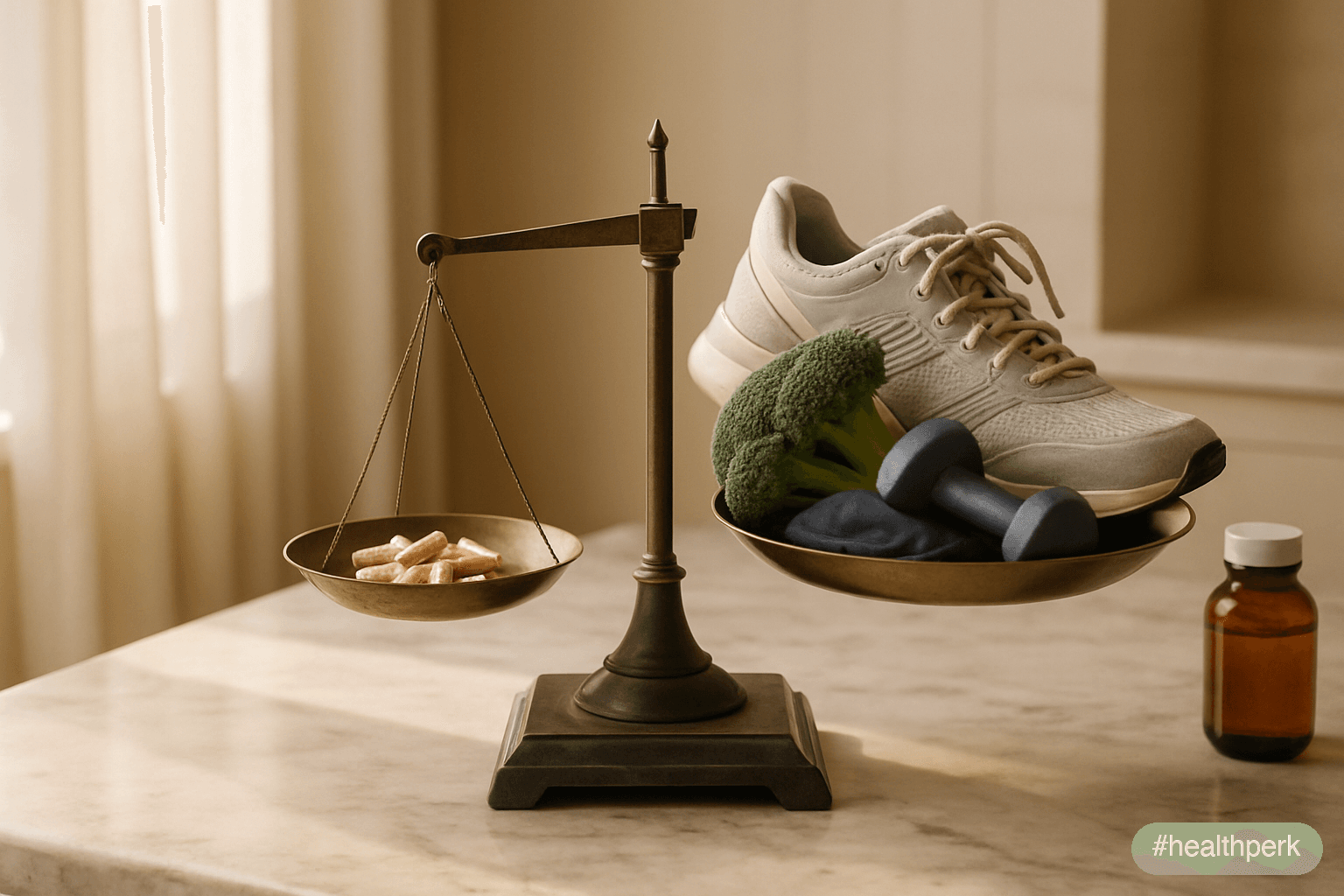 Photo of a balance scale with a small handful of supplement capsules on one pan and a pair of running shoes, a plate of vegetables, a sleep mask, and a barbell on the other pan tipping it down decisiv