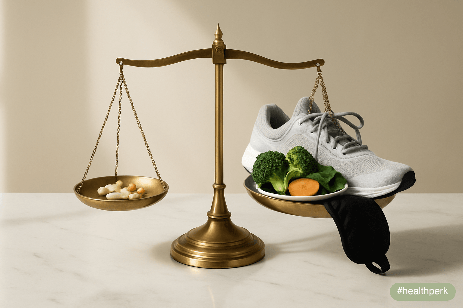 Photo of a balance scale with a small handful of supplement capsules on one pan and a pair of running shoes, a plate of vegetables, and a sleep mask on the other pan tipping it down decisively — lifes