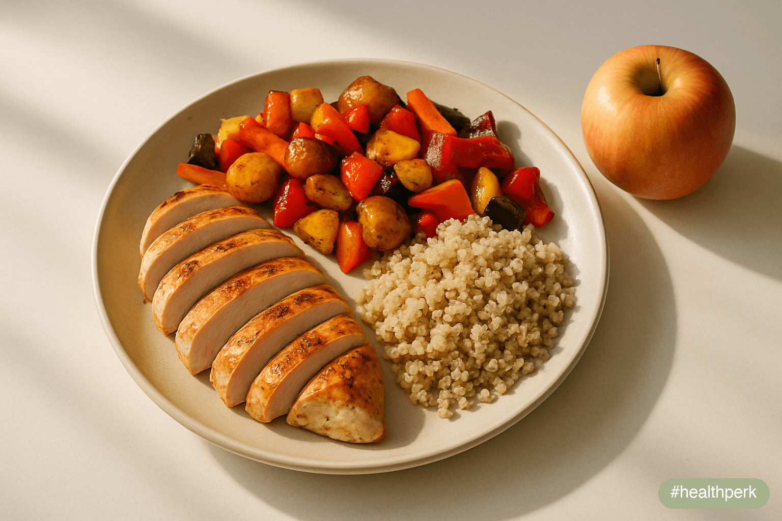 Photo of a balanced plate with grilled chicken, mixed roasted vegetables, a small portion of quinoa, and an apple on the side — illustrating how to lose weight naturally without dieting through food q