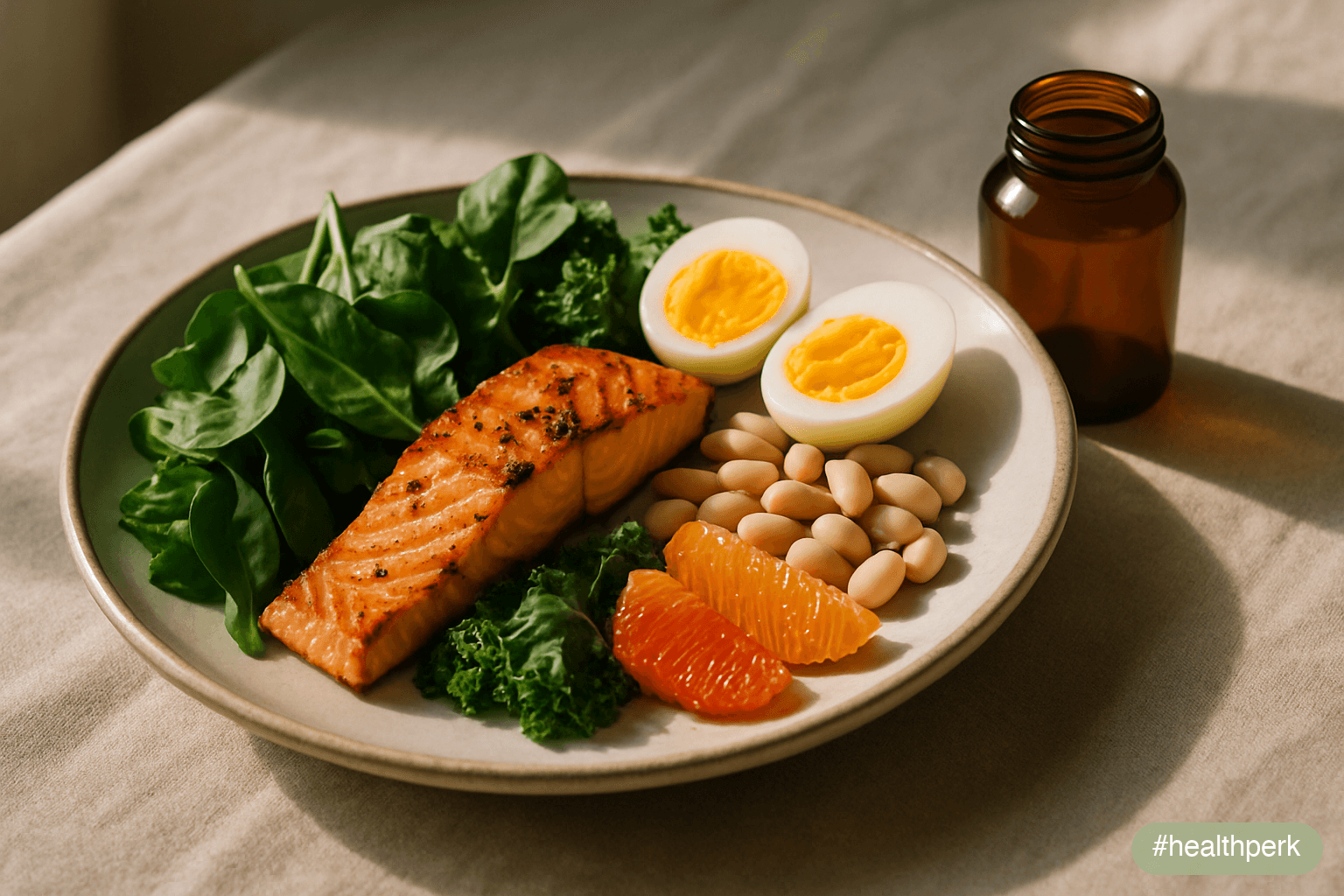 Photo of a balanced plate with leafy greens, salmon, eggs, beans, and citrus alongside an empty supplement bottle on a sunlit table, illustrating do you need supplements if you eat healthy as a questi