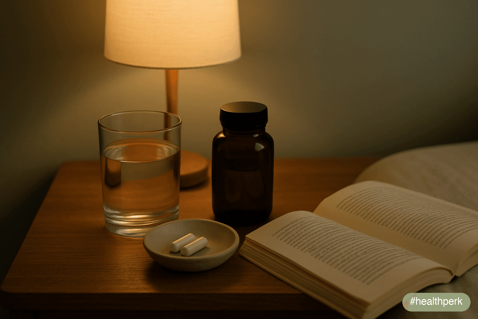 Photo of a bedside table with a glass of water, a small dish holding magnesium glycinate capsules and an L-theanine bottle, and a paperback book, illustrating a supplement stack for sleep as a small,