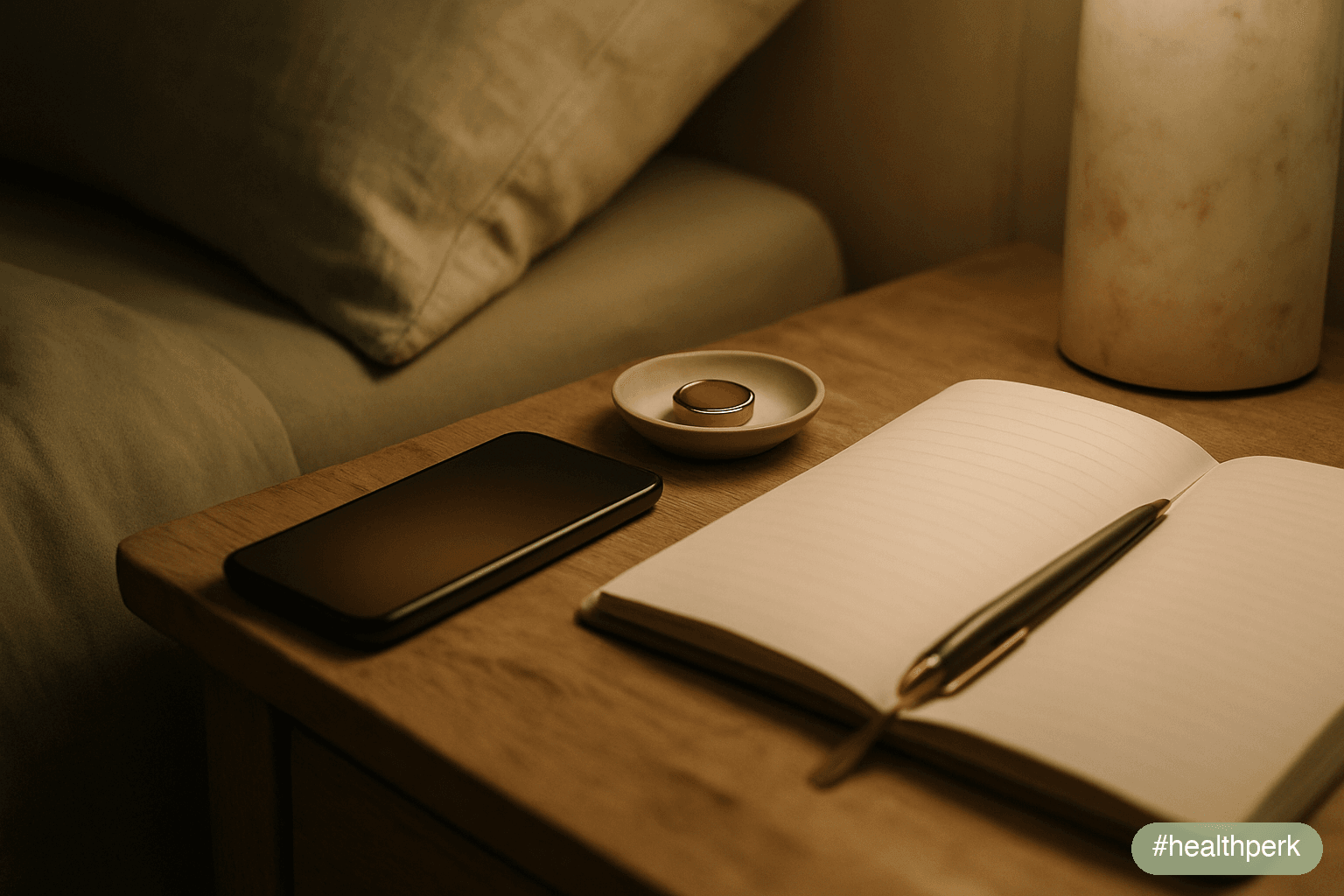 Photo of a bedside table at night with a phone resting face-down, a smart ring on a small ceramic dish, and an open notebook with a pen laid across it — dim warm light, the quiet arrangement of a wind
